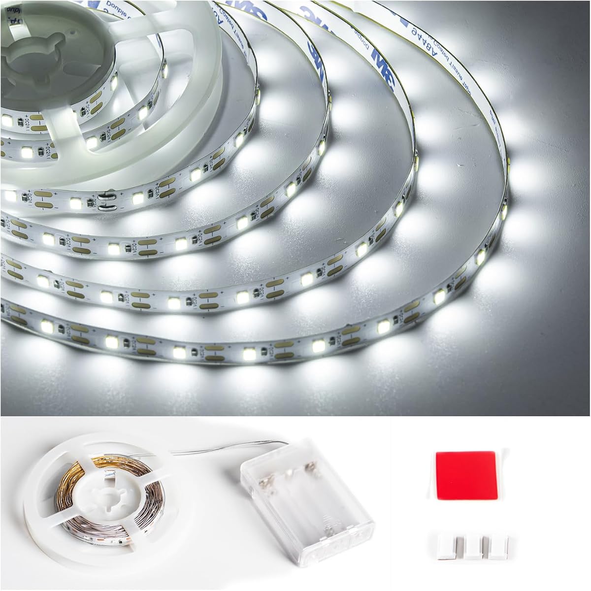 Battery Powered LED Strip Lights, 6.6FT 120 LED Battery Operated White LED Strip Lights for Shelves and Under Cabinet Indoor Use. (not Included Batteries)