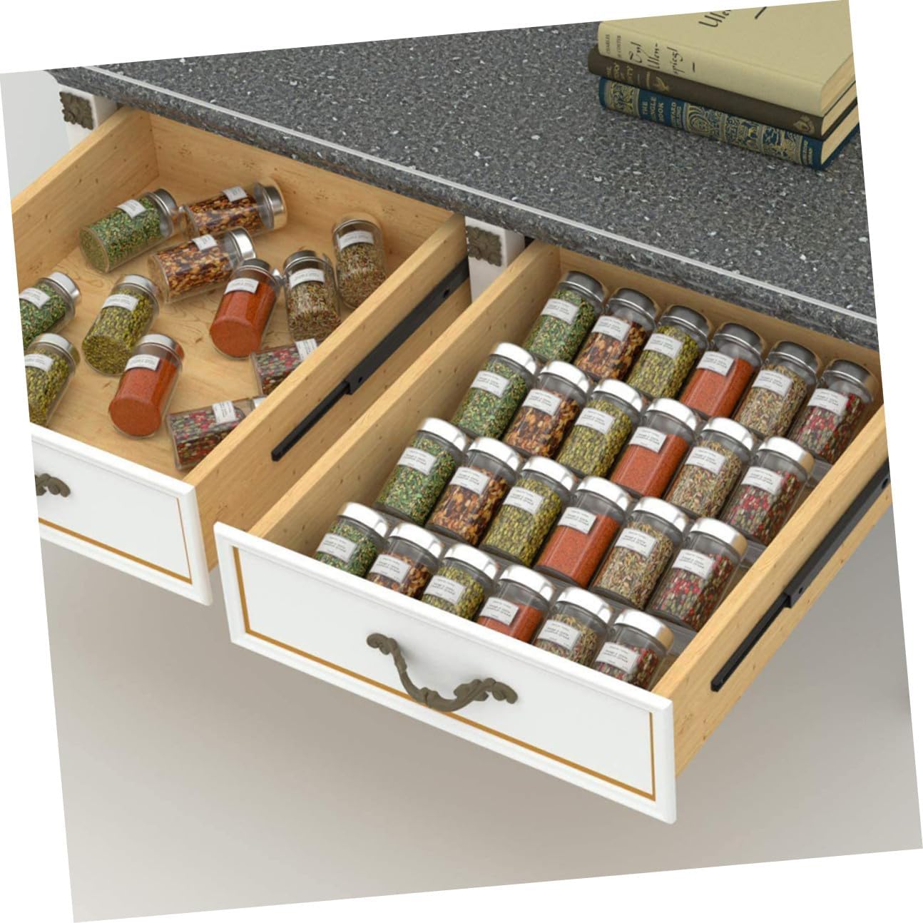 GLEAVI Acrylic Expandable Seasoning Bottle Rack Spice Drawer Organizer Tiered Plastic Spice Shelf for Kitchen Counter and Cabinet Storage