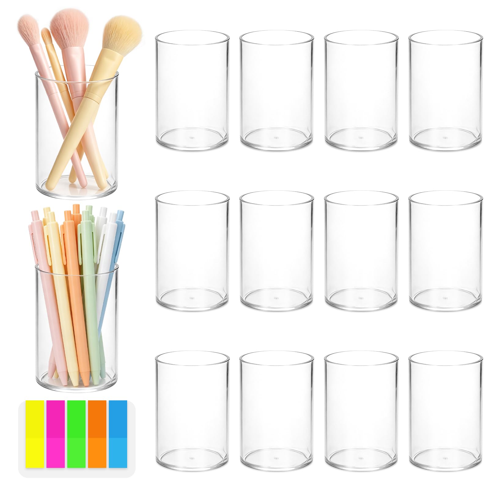 Jiayaus 12 Pcs Clear Acrylic Pen Holder, Round Pen Pot with Index Stickers