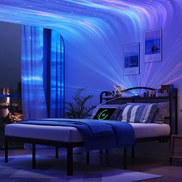 UOMEUR Queen Size Bed Frames with Smart Outlet and Galaxy Holographic Projection Lights,47.6" H Heavy Duty Metal Headboard,17" Hidden Storage,No Box Spring Needed/Noise-Free/Easy Assembly