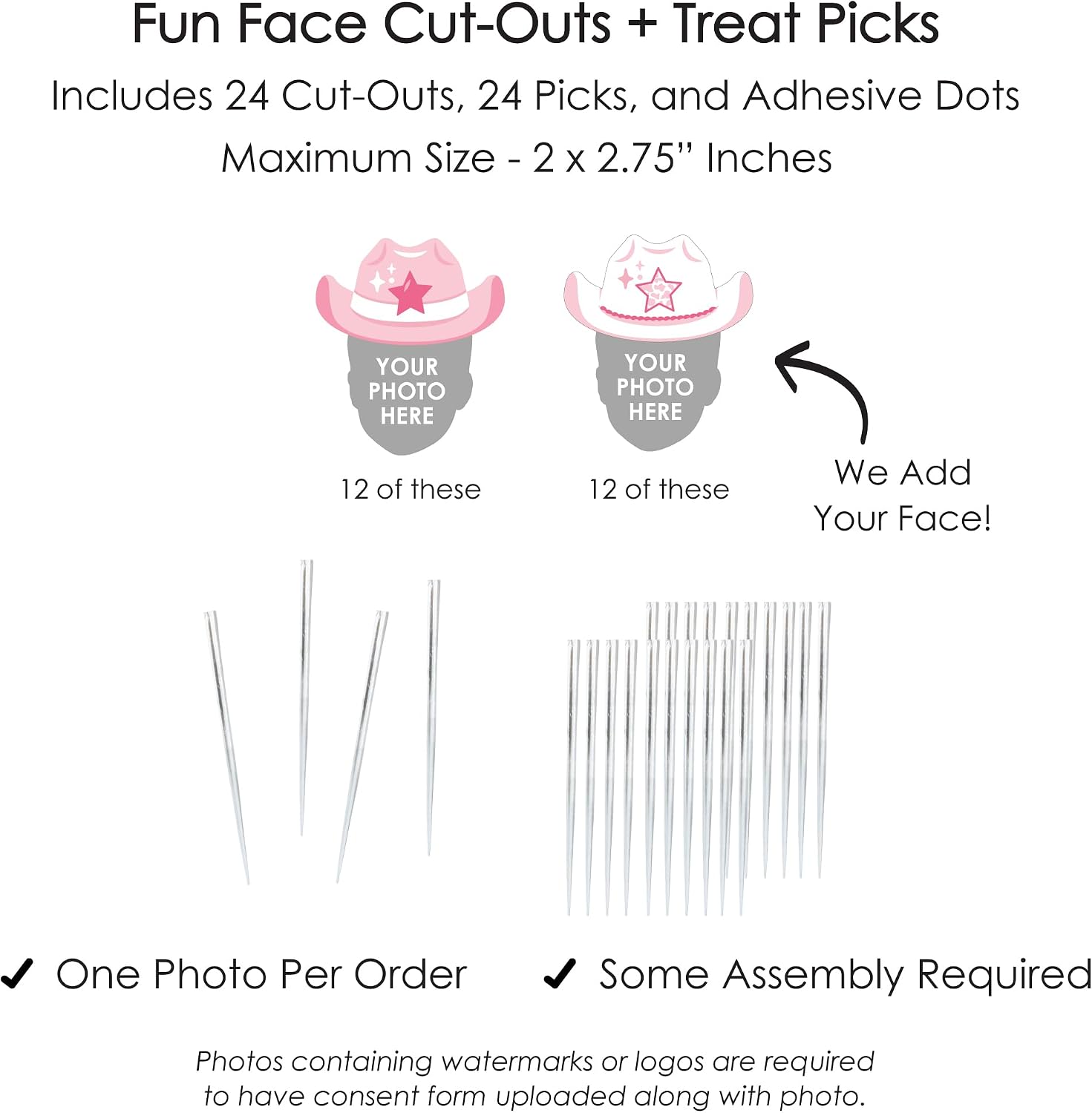 Big Dot of Happiness Custom Photo Last Rodeo - Pink Cowgirl Bachelorette Party Dessert Cupcake Toppers - Fun Face Clear Treat Picks - Set of 24