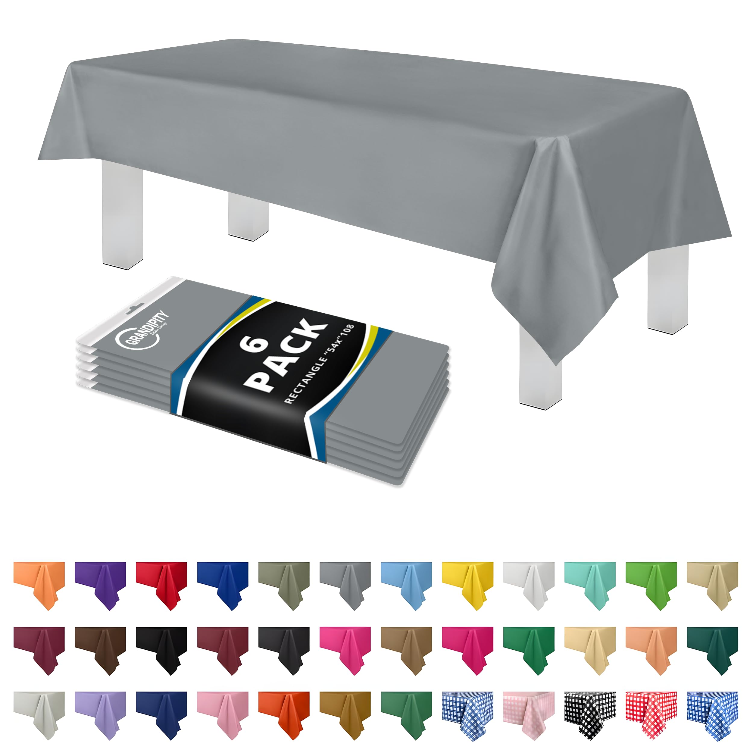 Silver 6 Pack Premium Plastic Tablecloth 54 Inch. x 108 Inch. Rectangle Table Cover By Dluxware