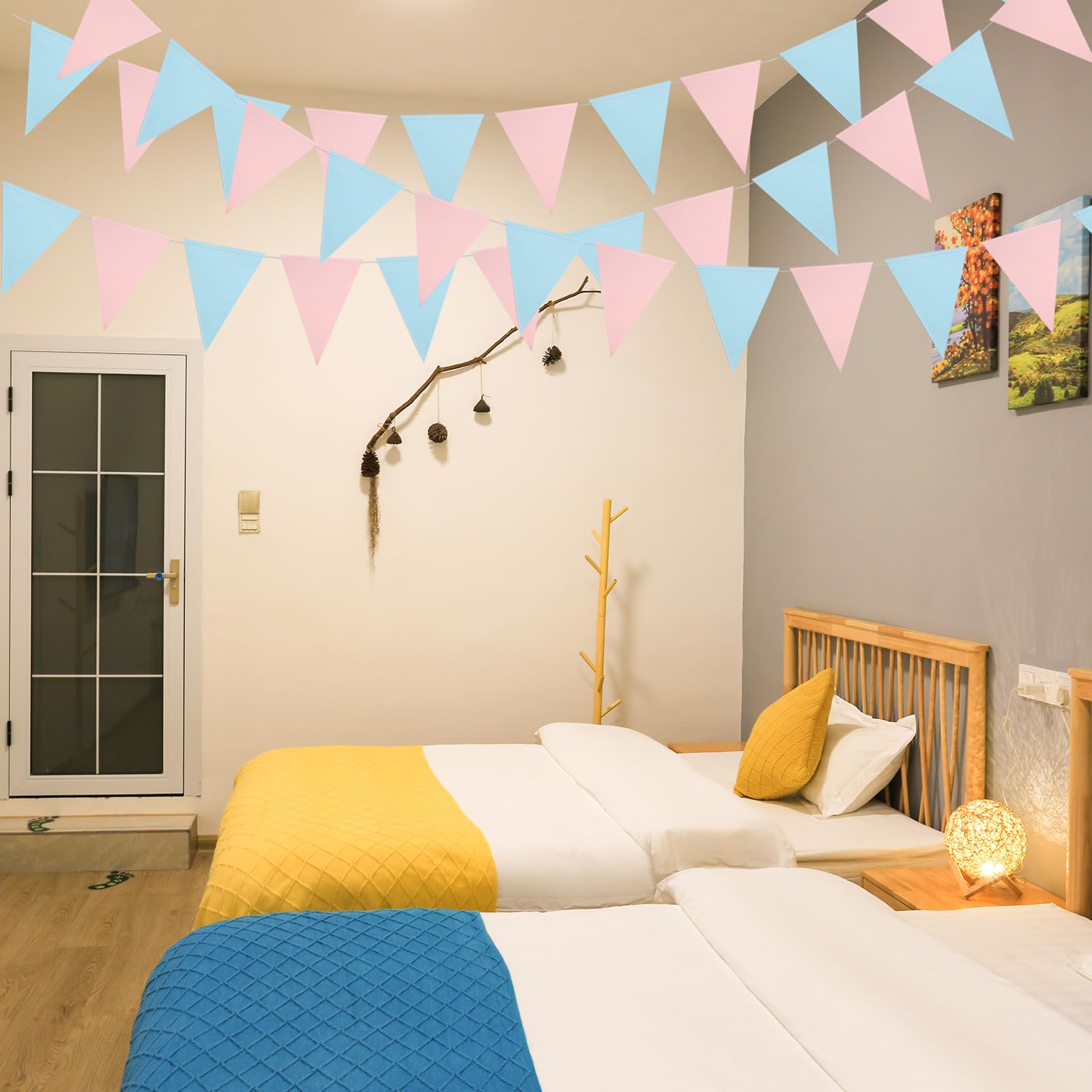 Mefuny Banderines de revelación de género de 30 pies, 48 banderas triangulares de papel azul claro y rosa, decoración colgante para baby shower, niño o niña, revelación de género, telón de fondo de