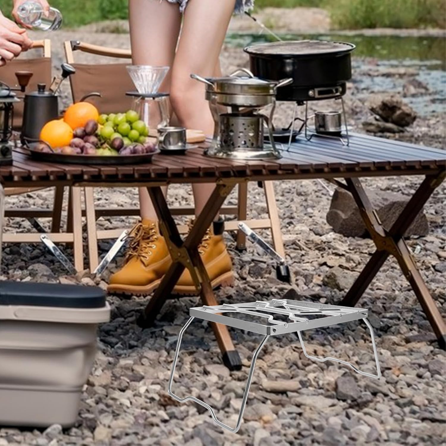 Portable Foldable Stainless Steel Camping Grill Rack with Pattern for Even Heat Distribution Bbq Stand for Outdoor Campfire Cooking and Kitchen Use