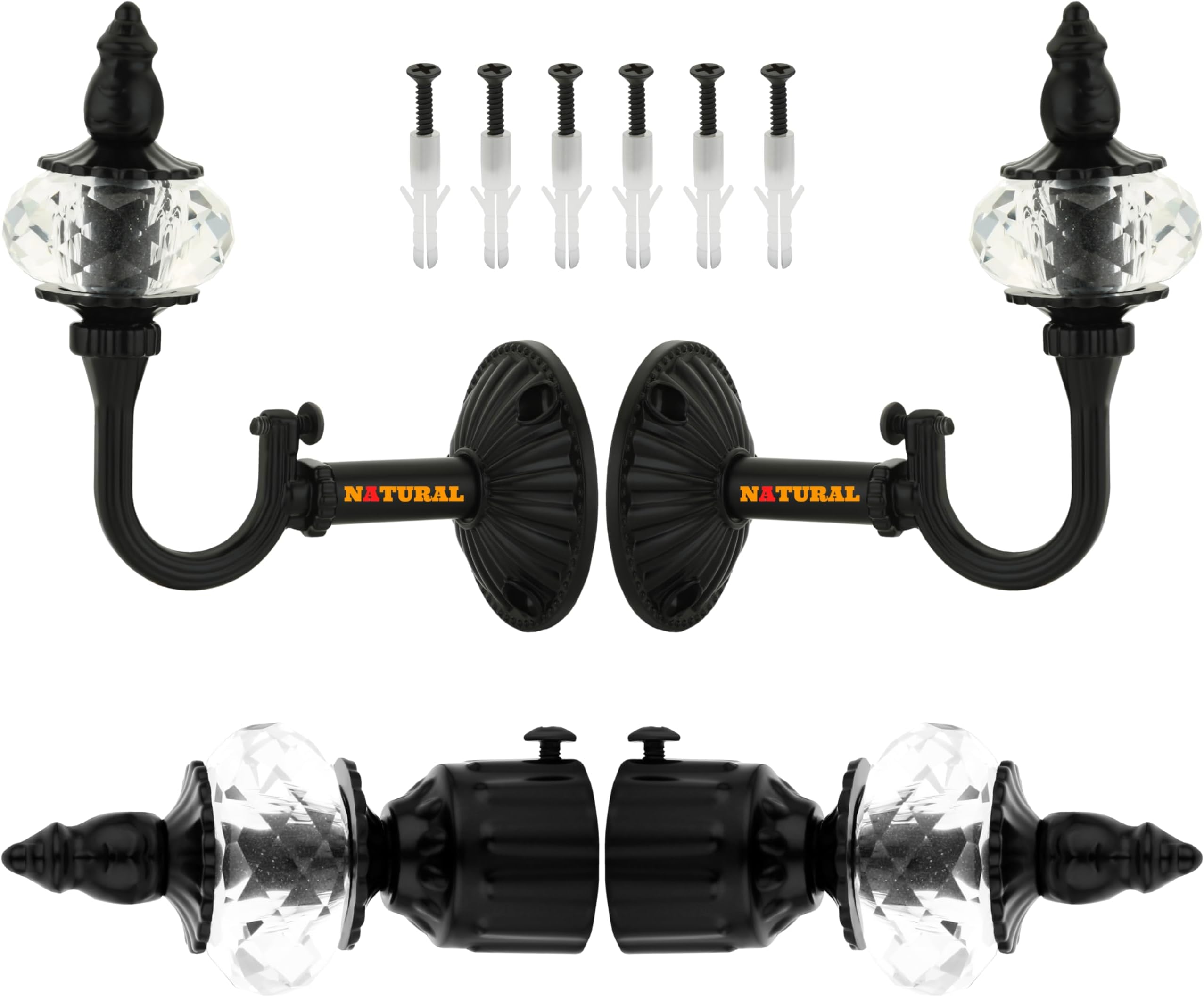 NATURAL Heavy Duty Aluminum Royal Luxury Design Curtain Bracket/Finial and Curtain Support with Screw/Wallplug for Window & Door Curtain Fittings Suitable Upto 1 Inch Pipe. (2 Set, Black MATT)