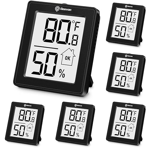 Geevon Paquete de 6 higrómetro digital para interiores, medidor de humedad de la habitación con batería, indicador de temperatura y humedad para el