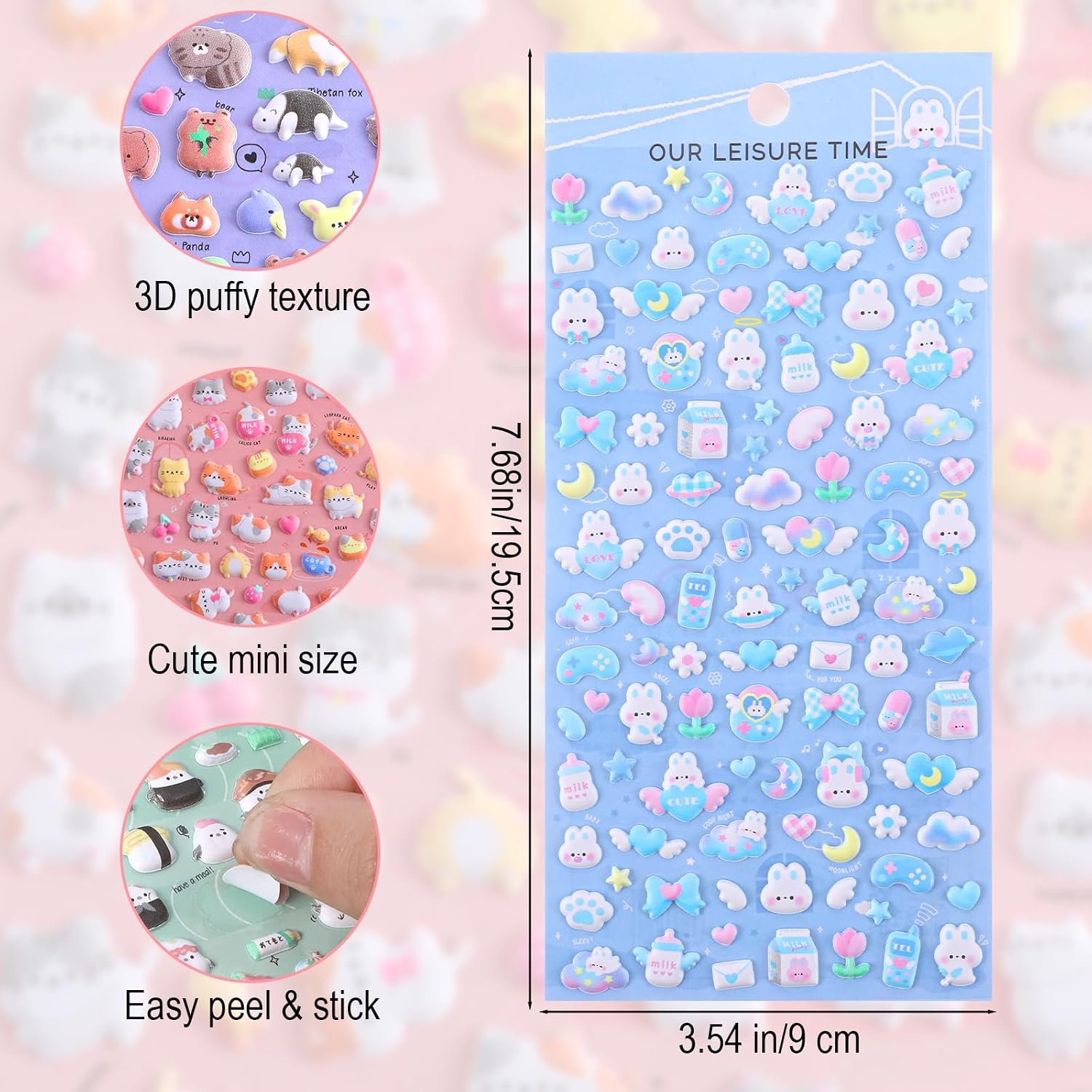 6 Sheets Mini Puffy Stickers,Cute Kawaii Small 3D Stickers,for Adults