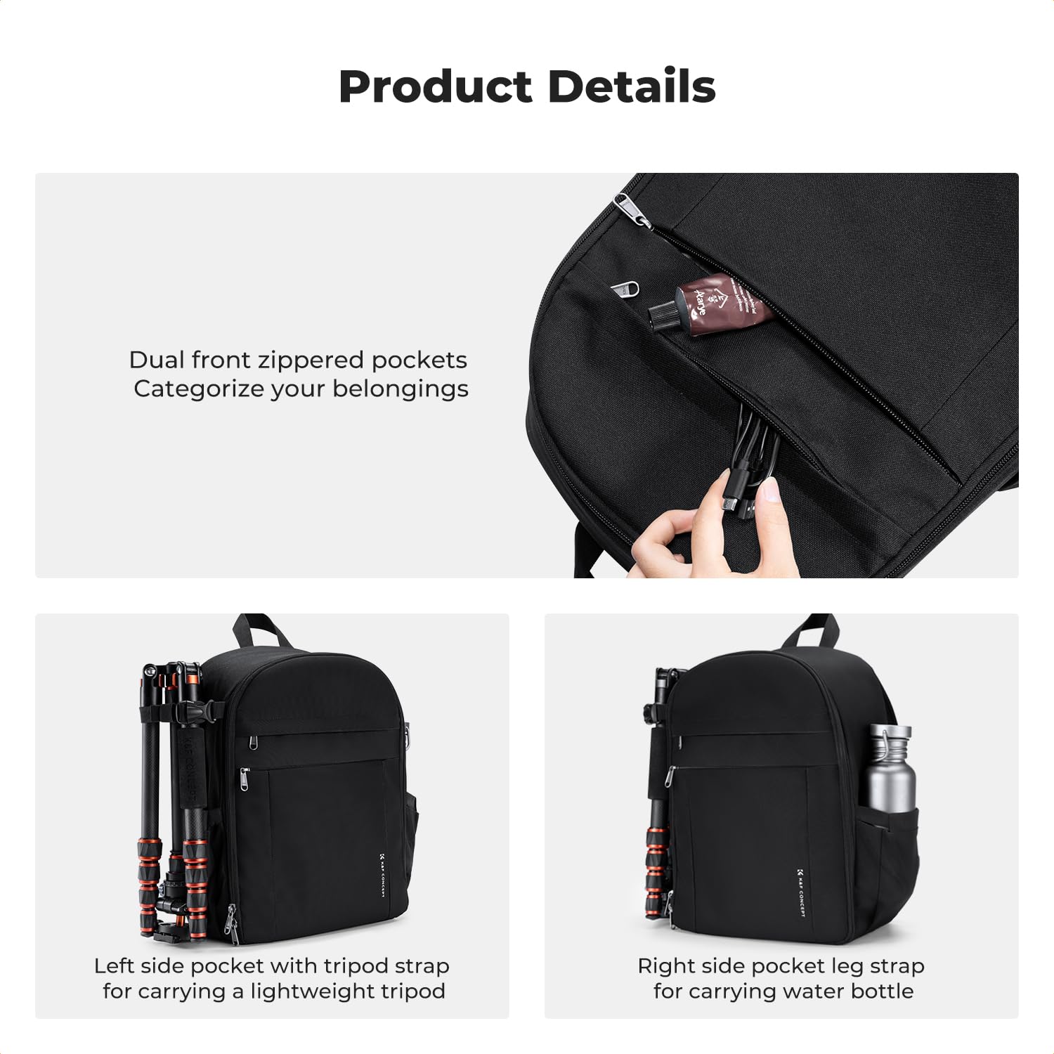 K&F CONCEPT Zaino per Fotocamera Compatto, Zaino Fotografico con Parapioggia, scomparto per laptop per obiettivi reflex treppiedi