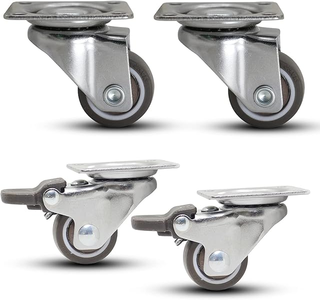 Casoter 1-Inch Castor Combo Set - 2 Swivel & 2 w/Brake, 25mm Brown Soft TPE Rubber Wheel, 4.2mm Bolt Holes, Ball Bearing Moves Smooth, 4 Pack Casters Total Load Capacity 77Lbs/35.2Kg