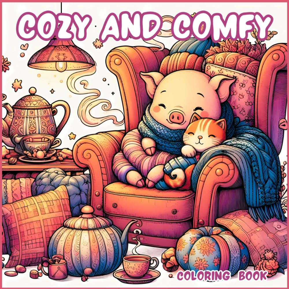 Cozy and Comfy Coloring Book: Simple,Cute and Hygge- Inspired Pictures for Teens and Adults Featuring Adorable Animals Characters and Cozy Places