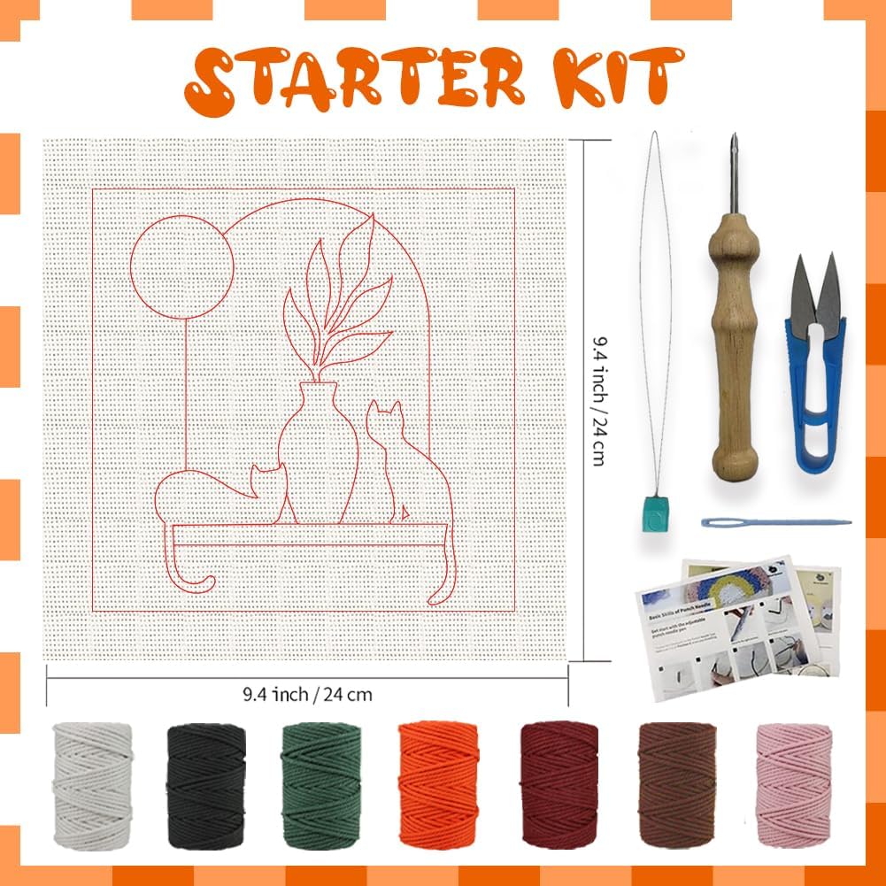 BEUNITONE Boho Element Cat Punch Needle Kits Adults Beginner with Instruction and Sewing Kit, Hand Embroidery Kits Punch Needle Starter Sets for Home Decor, Cross Stitch Kits for Beginners and Gift