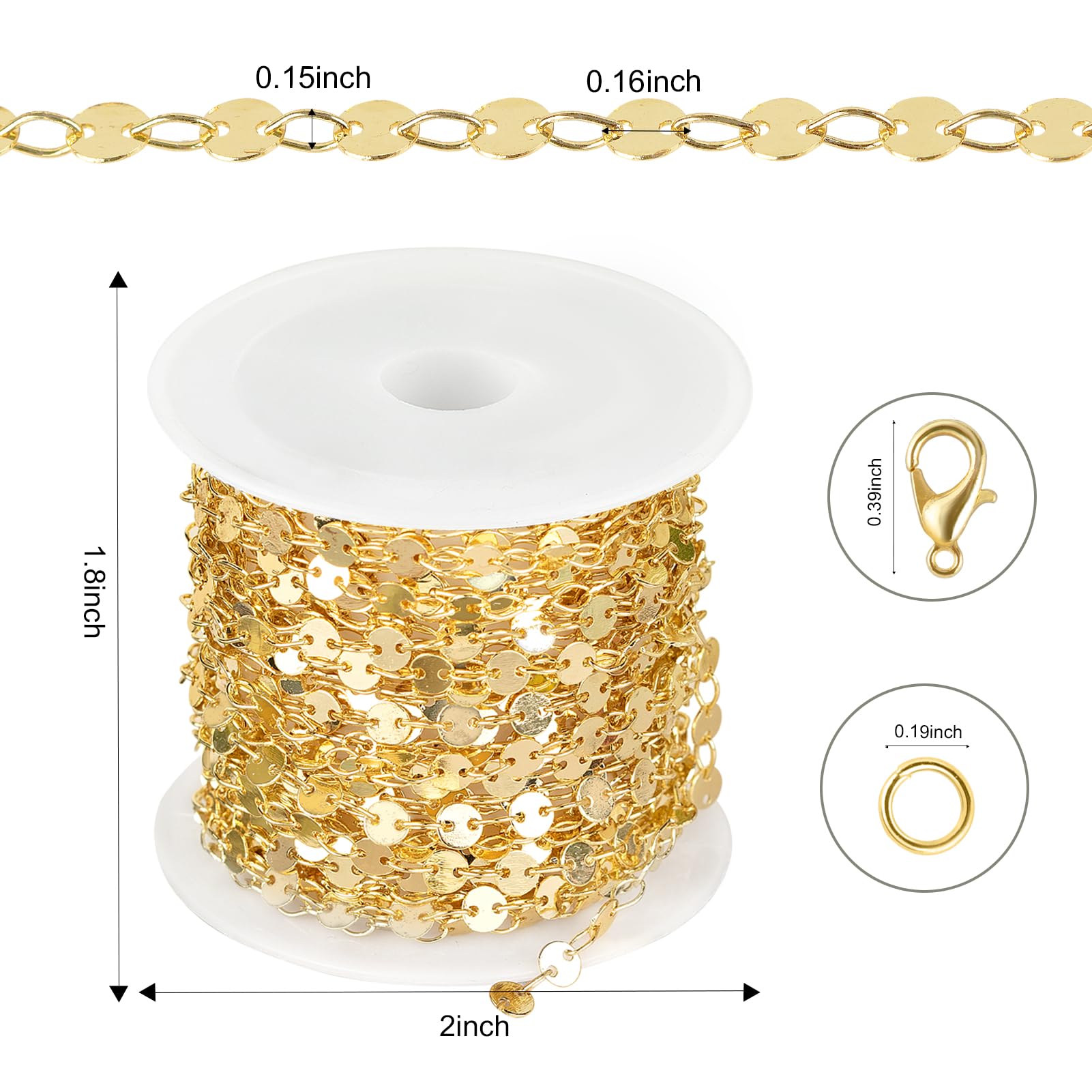 Kyutong 16.4 Feet Gold Plated Brass Jewelry Chain Roll Round Sequin Chains for Jewelry Making with Lobster Clasps Jump Rings for Necklace Bracelet Ankle Choker DIY