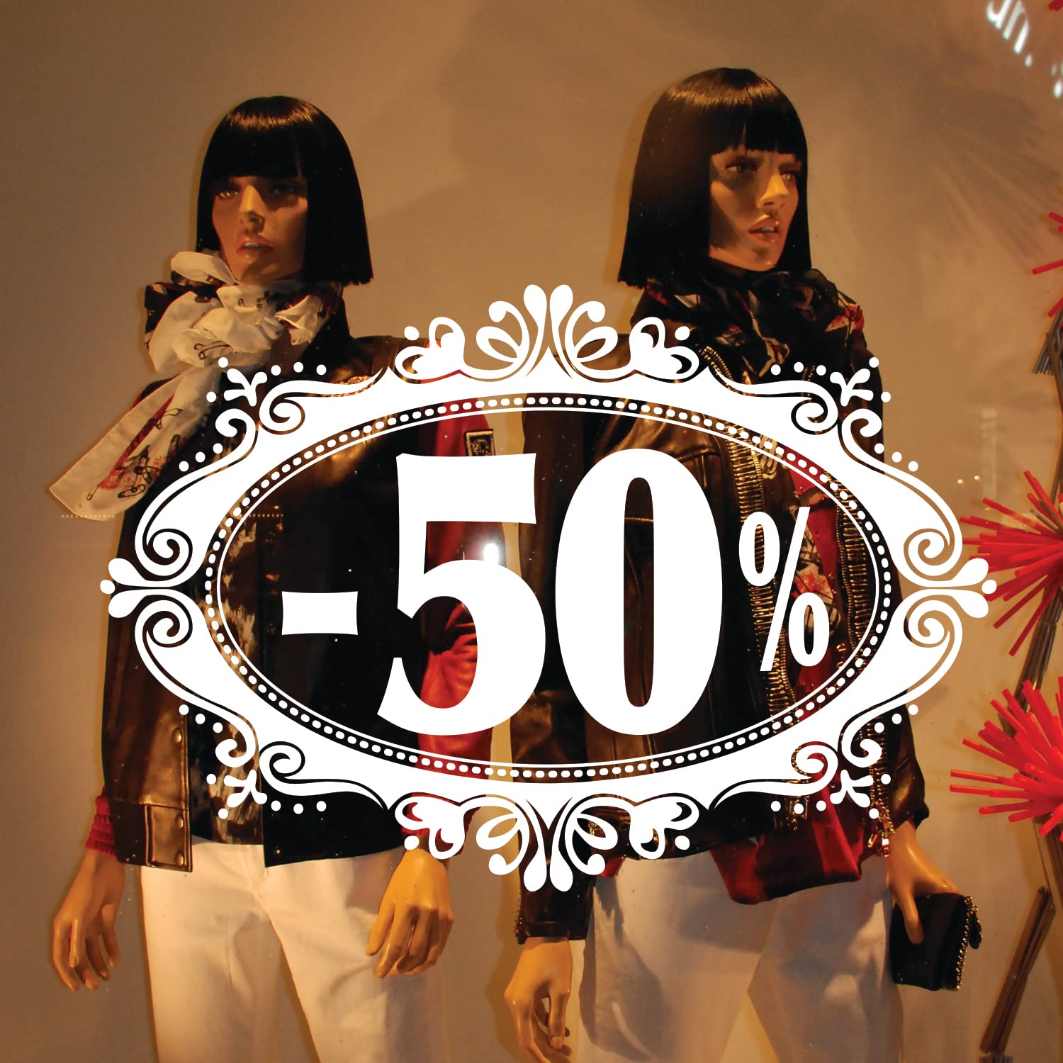 30738 - Sticker Vitrophanie Electrostatique L70 H50 cm - 50% Baroque - Blanc Sur Film PVC Transparent 150 Microns