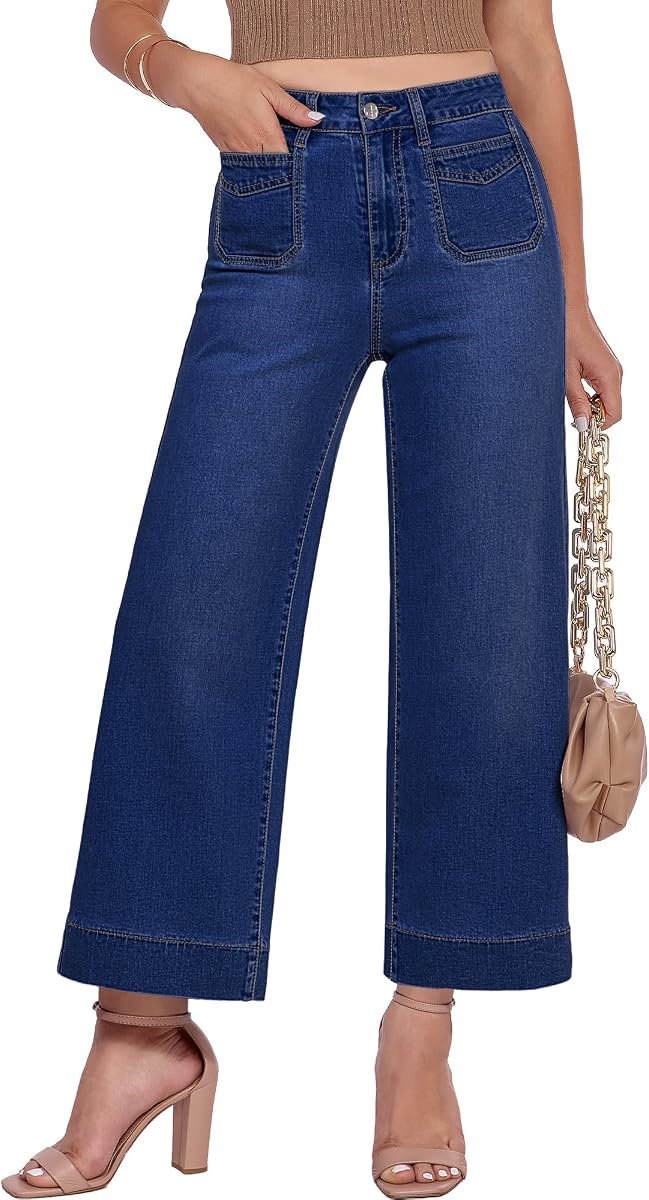 Pantalones vaqueros de pierna ancha para mujer, pantalones vaqueros elásticos recortados de talle alto