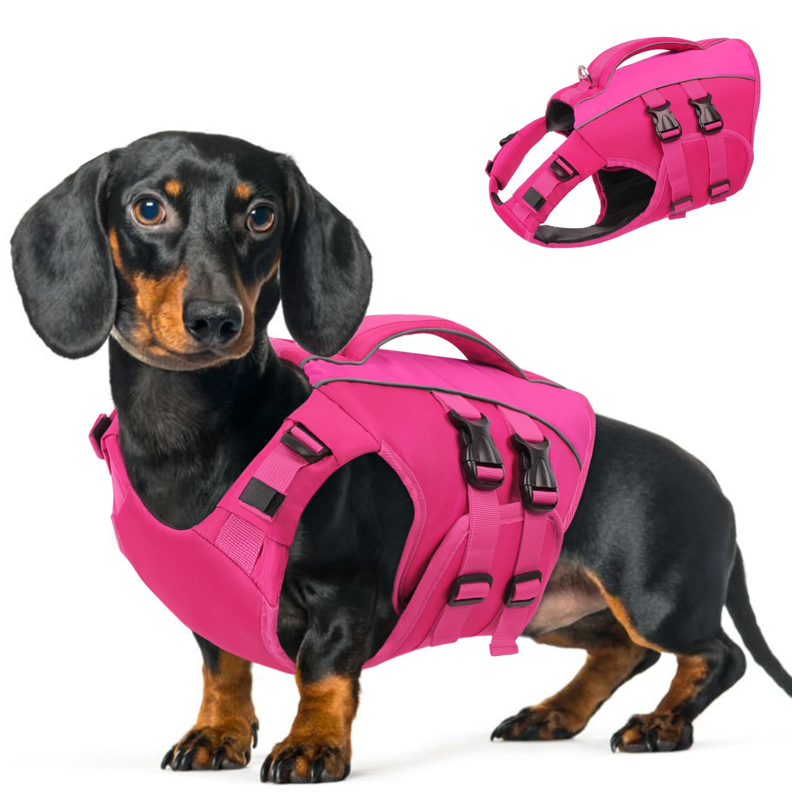 Queenmore Dog Life Jacket Small, Reflective, With Rescue Handle, Adjustable Pet Swimming Vest, Ripstop Puppy Dog Lifejackets For Chihuahua, Yorkie, Shih Tzu (Rose,S)