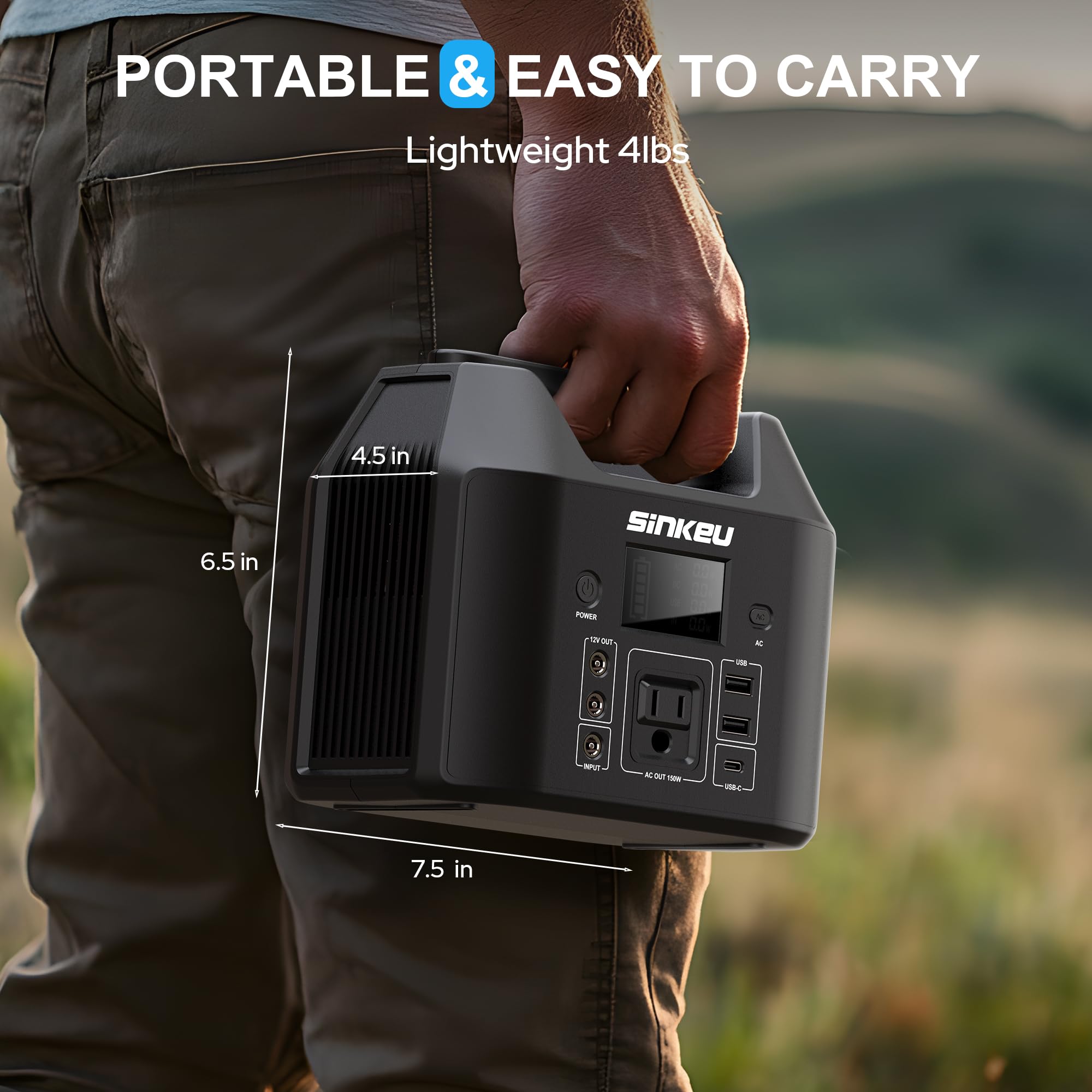 Estación de energía portátil de 122.8 Wh, banco de energía de 150 W con salida de CA | SinKeu LiFePO4 - Generador solar de batería para uso doméstico, camping, RV, respaldo de emergencia