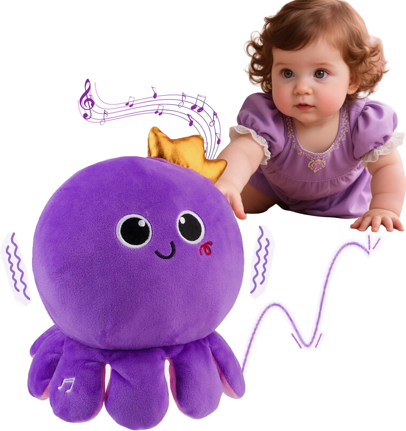 Octopus Baby Crawling Musical Interactive Toys with 97 Melodies, Talking Repeat Function Language Learning for Newborn Infant, Safe Plush Sensory Learning Montessori Toy for Toddlers Gift 0+ Months Purple