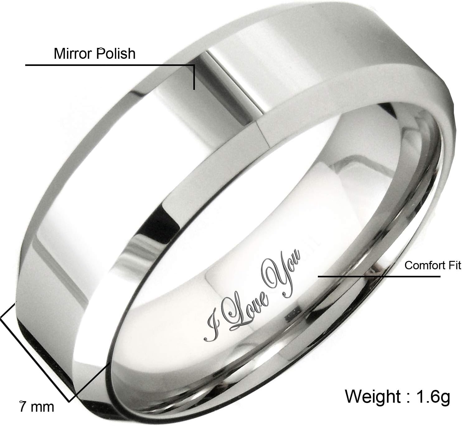 Everstone Women's Shiny Polish 5MM & 7MM Flat Beveled Edge Promise Ring Wedding Bands Titanium Ring Color: Platinum Engraved I Love You