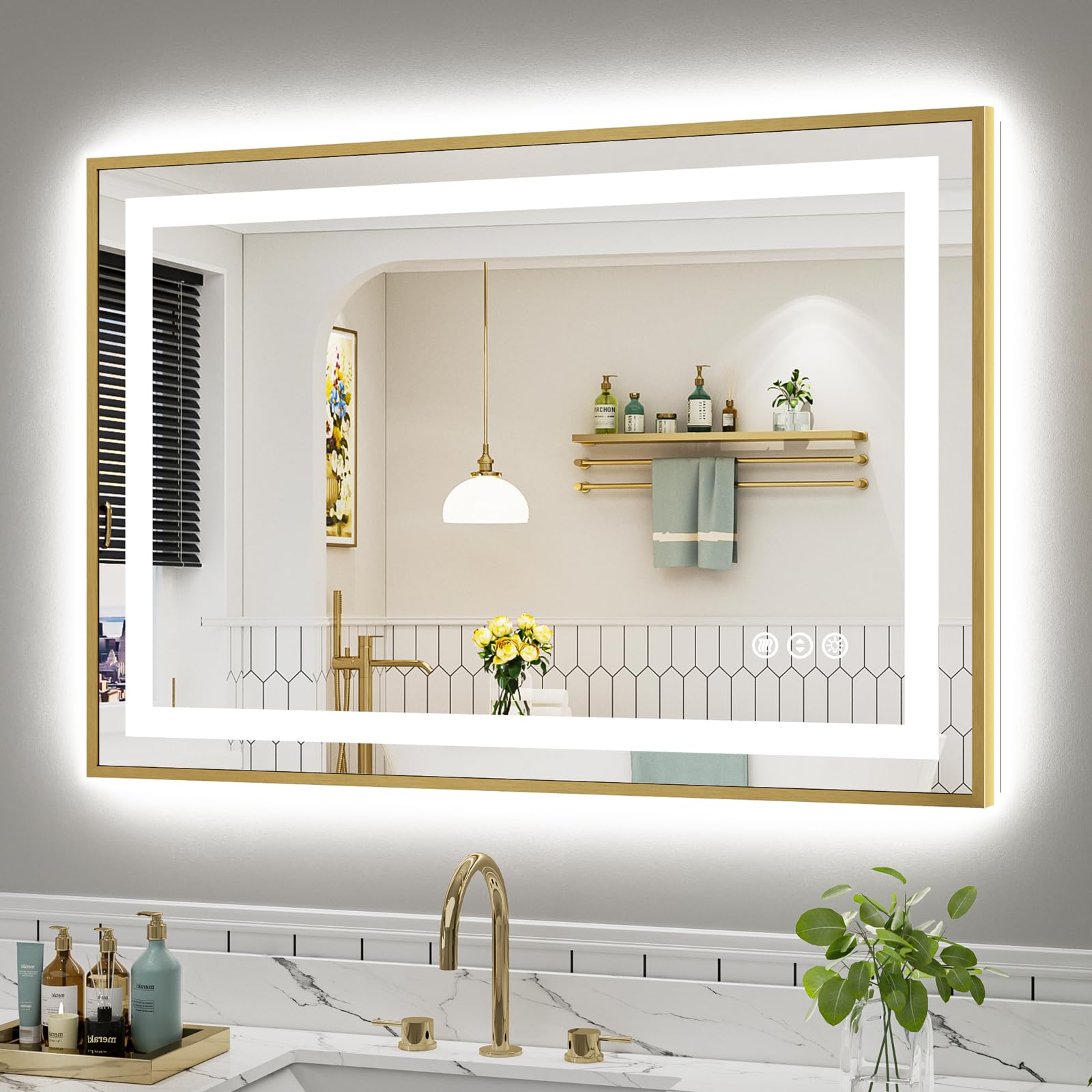 44x30 Inch LED Bathroom Mirror with Gold Frame, Backlit &amp; Front Lit