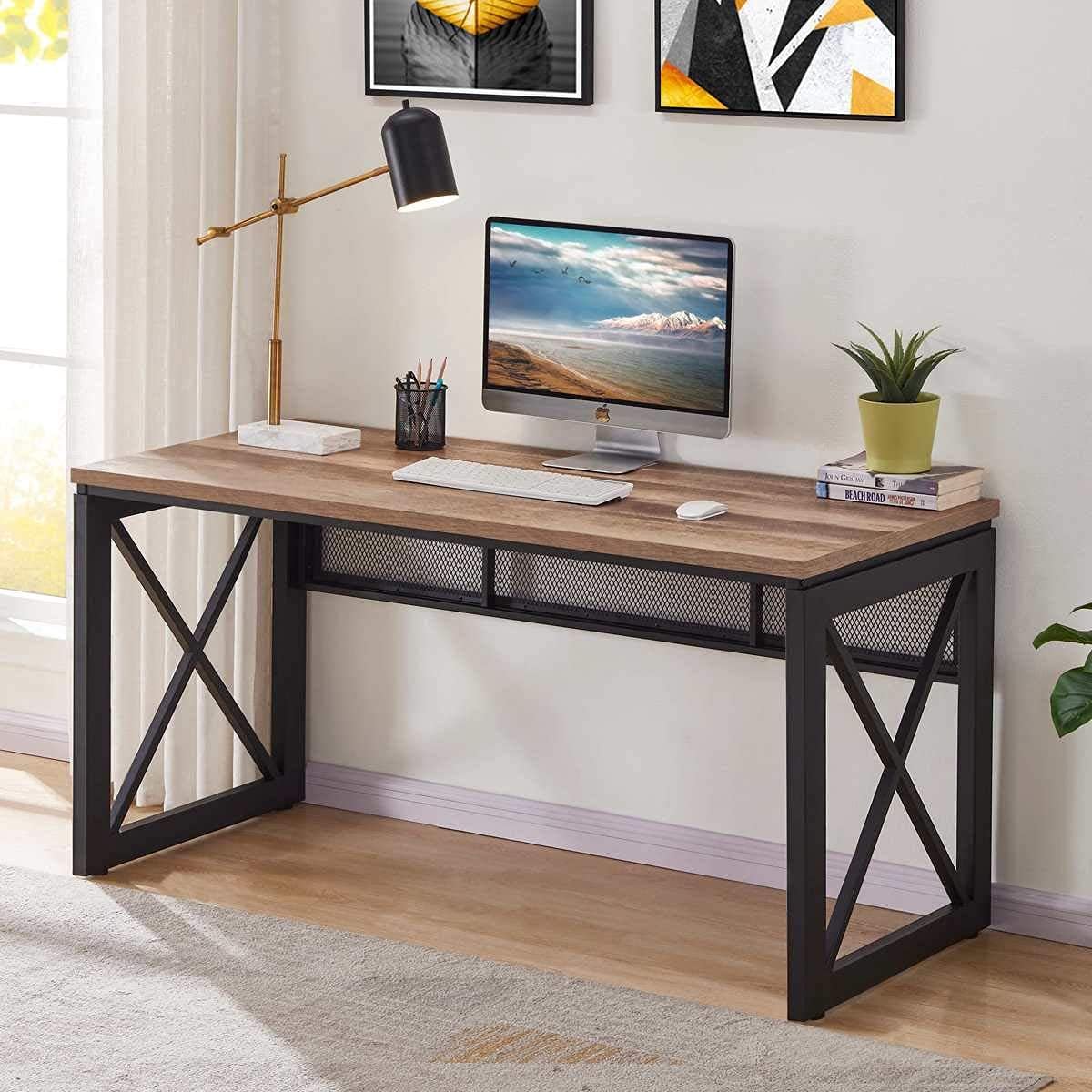 Computer Desk for Home Office, 60 Inch Sturdy Office Desk, Wide Wood Metal Writing Table, Farmhouse Industrial Gaming Desks (Vintage Oak)