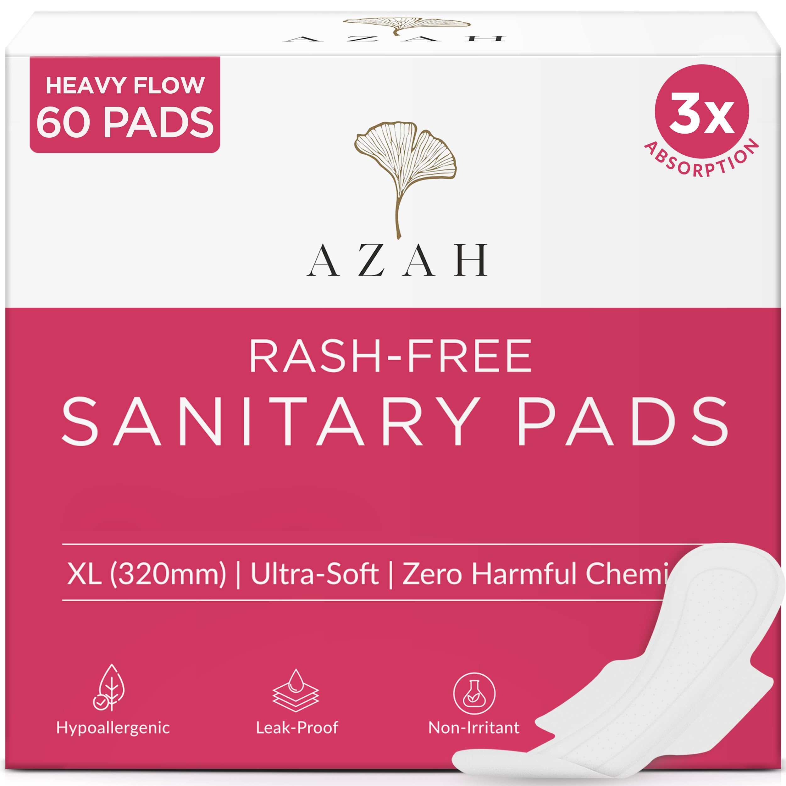 AZAH Sanitary Pads for Women XL [Pack of 60] 100% Rash-Free sanitary napkins | 3x More Absorption, Cottony Soft and Dry Top Cover for heavy Flow | Toxin Free, Locks Odour, Leak-Proof