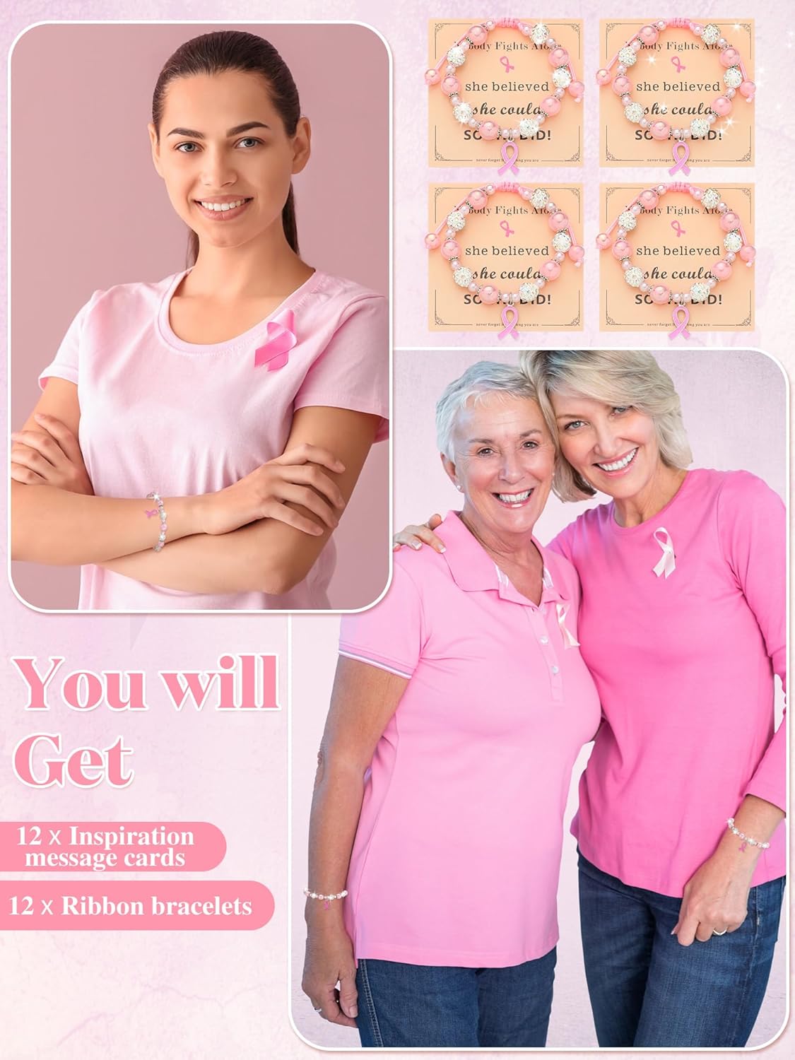 12 Pcs Breast Cancer Bracelets for Women Breast Cancer Awareness Beaded Bracelets Pink Rhinestone Pearl Crystal Beads Jewelry Pink Ribbon Charms Gifts - Image 6