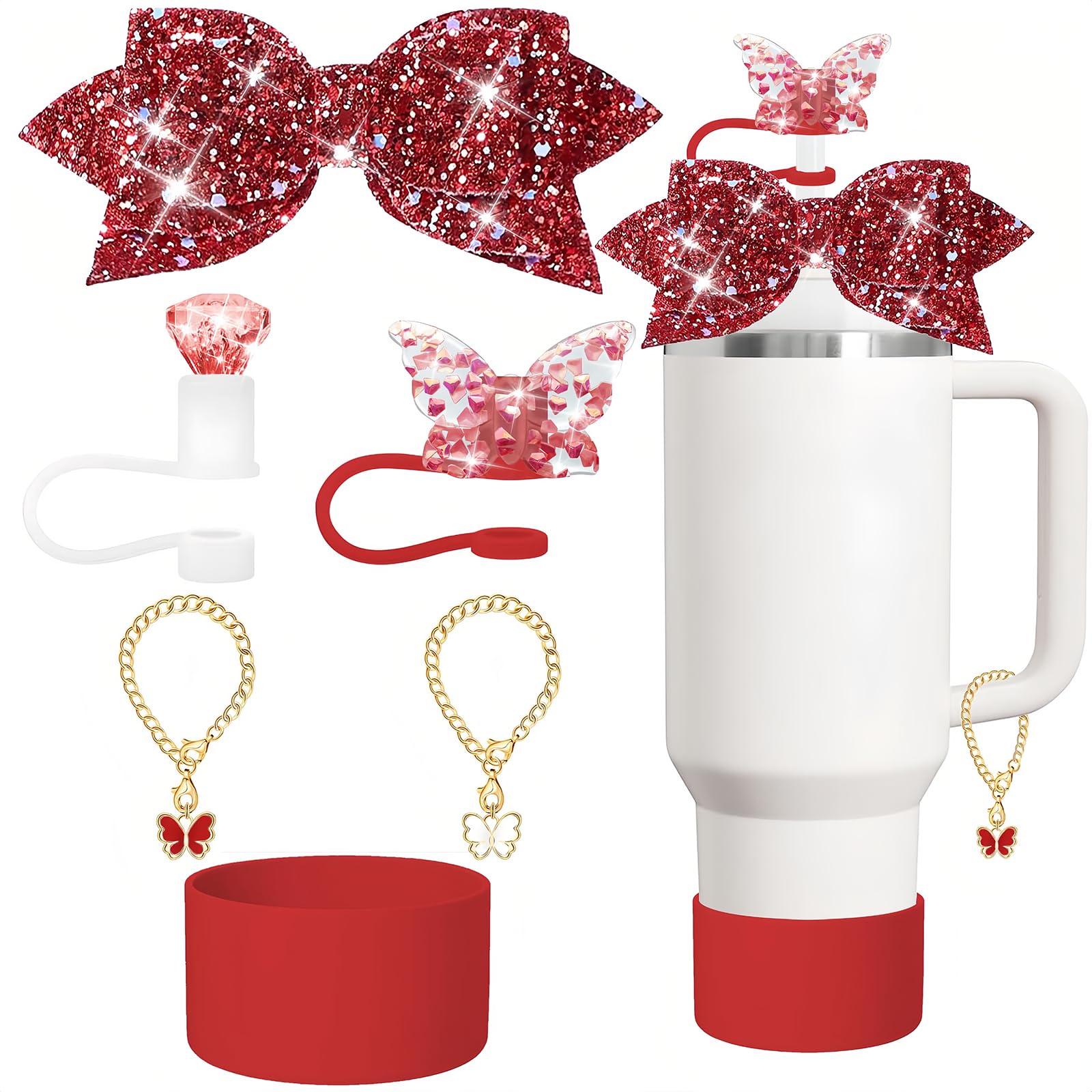 Stanley Cup Accessories Set - Bow & Diamond Glitter Straw Covers, Metal Butterfly Chain, Silicone Red Stanley Cup Boot (30/40oz)
