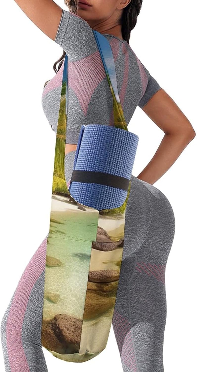Canvas Yoga Bag,Tropical Beach Scenery Printed Yoga Mat Handbag,Portable Yoga Mat Bag Large Capacity Gym Bag for Men Women Pilates Beach Travel