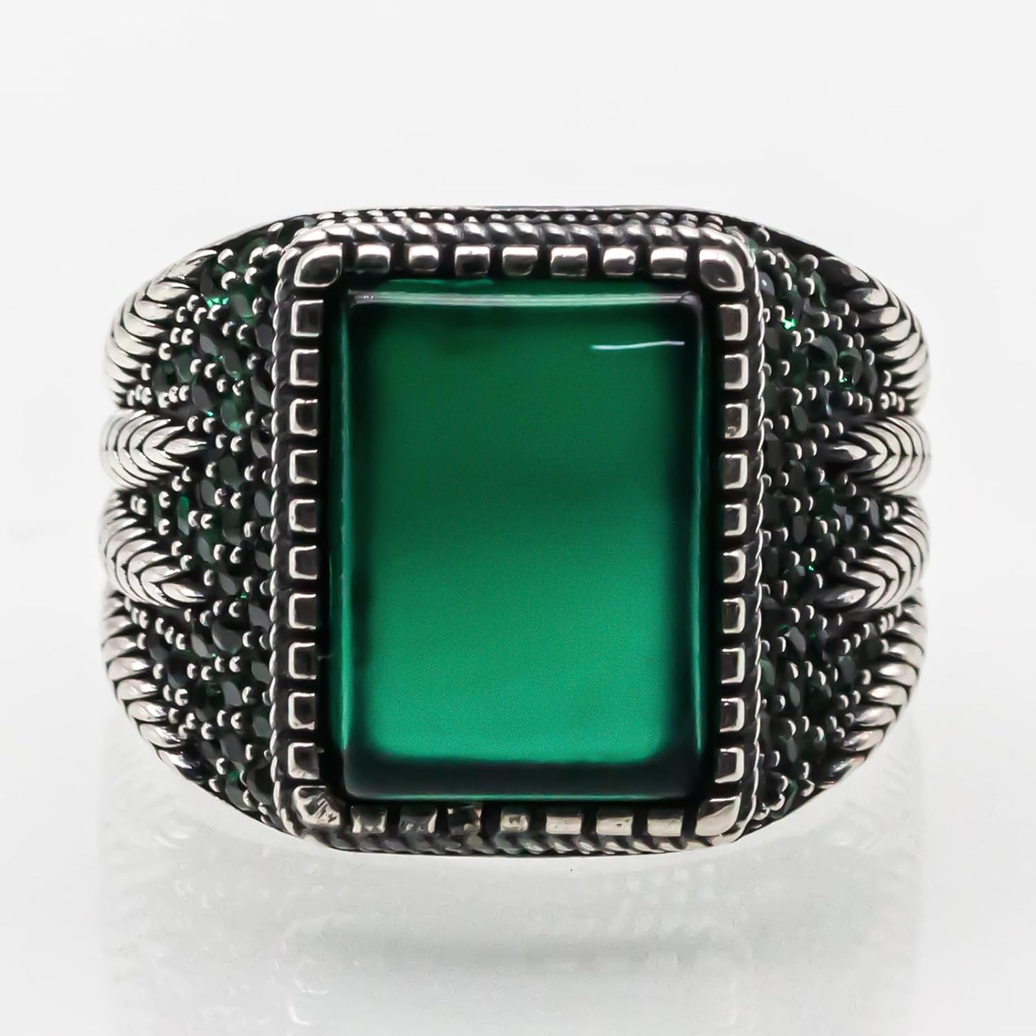 Men Ring 925 Sterling Silver Band with Onyx Stone,Rectangle Agate Large Stone Handmade Mens Jewelry Ring,Turkish Vintage Gemstone Statement Cubic Zirconia Stone Silver Ring - Image 7