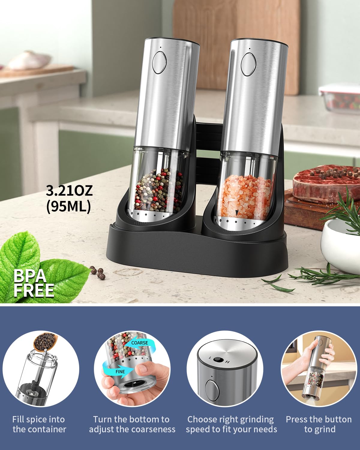 CIRCLE JOY Juego de Molinillos de Sal y Pimienta Recargables con Base de Carga, 2 Velocidades de Molienda Variables, Ajuste Externo, Capacidad de 95ml y Luz LED Blanca, Plata