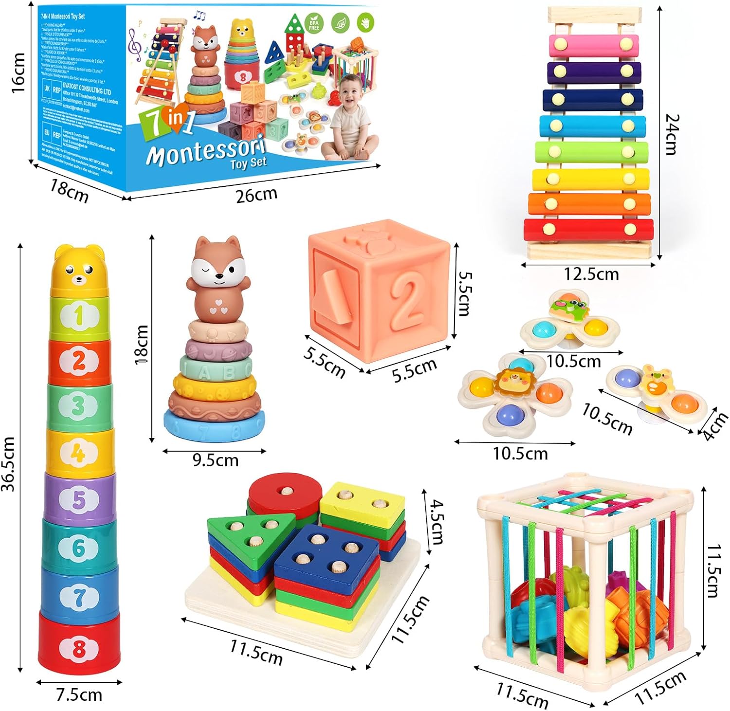 Baby Toys 18-36 Months, Montessori 7-in-1 Activity Set - Stacking Blocks, Infant Teething Toy & Sensory Bin, Baby Boys & Girls Gifts - Image 8