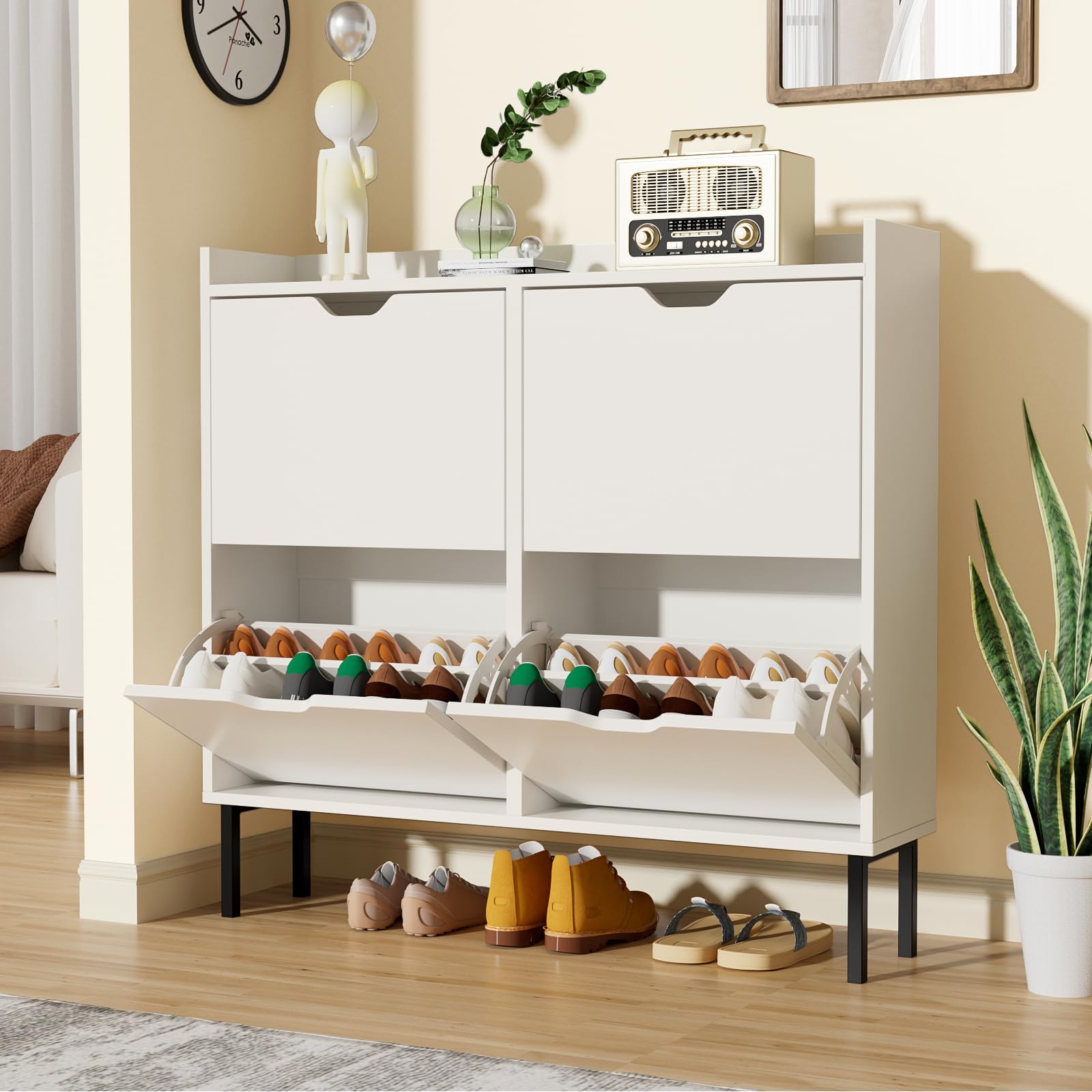 VOWNER Shoe Storage Cabinet with 4 Flip Drawers, Freestanding Shoe Cabinet with Adjustable Shelves & Metal Legs, Shoe Rack Organizer for Entryway,