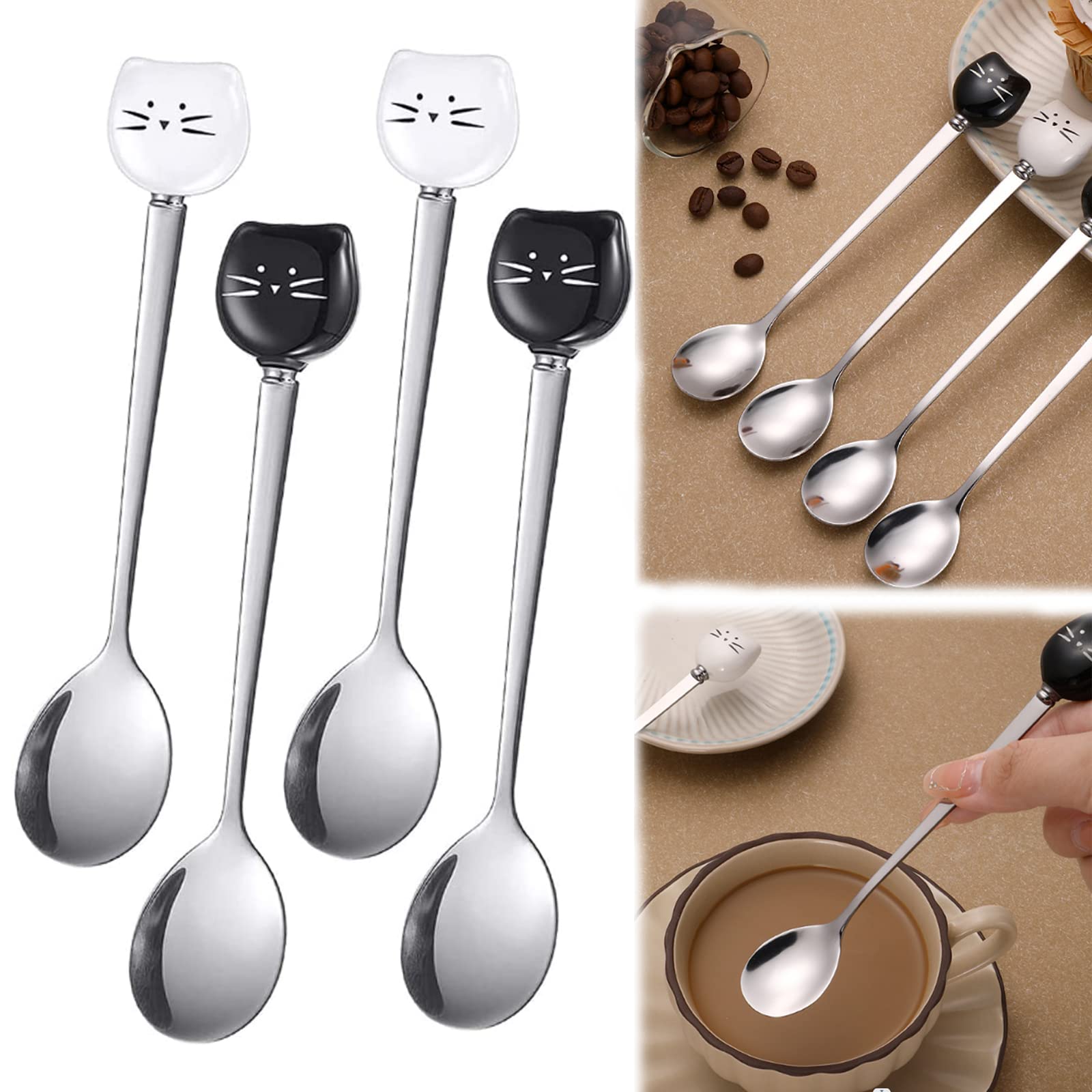 6 Cucchiaini Da Caffè A Testa Di Gatto - Acciaio Inox E Ceramica, Bianco E Nero - Foto 11