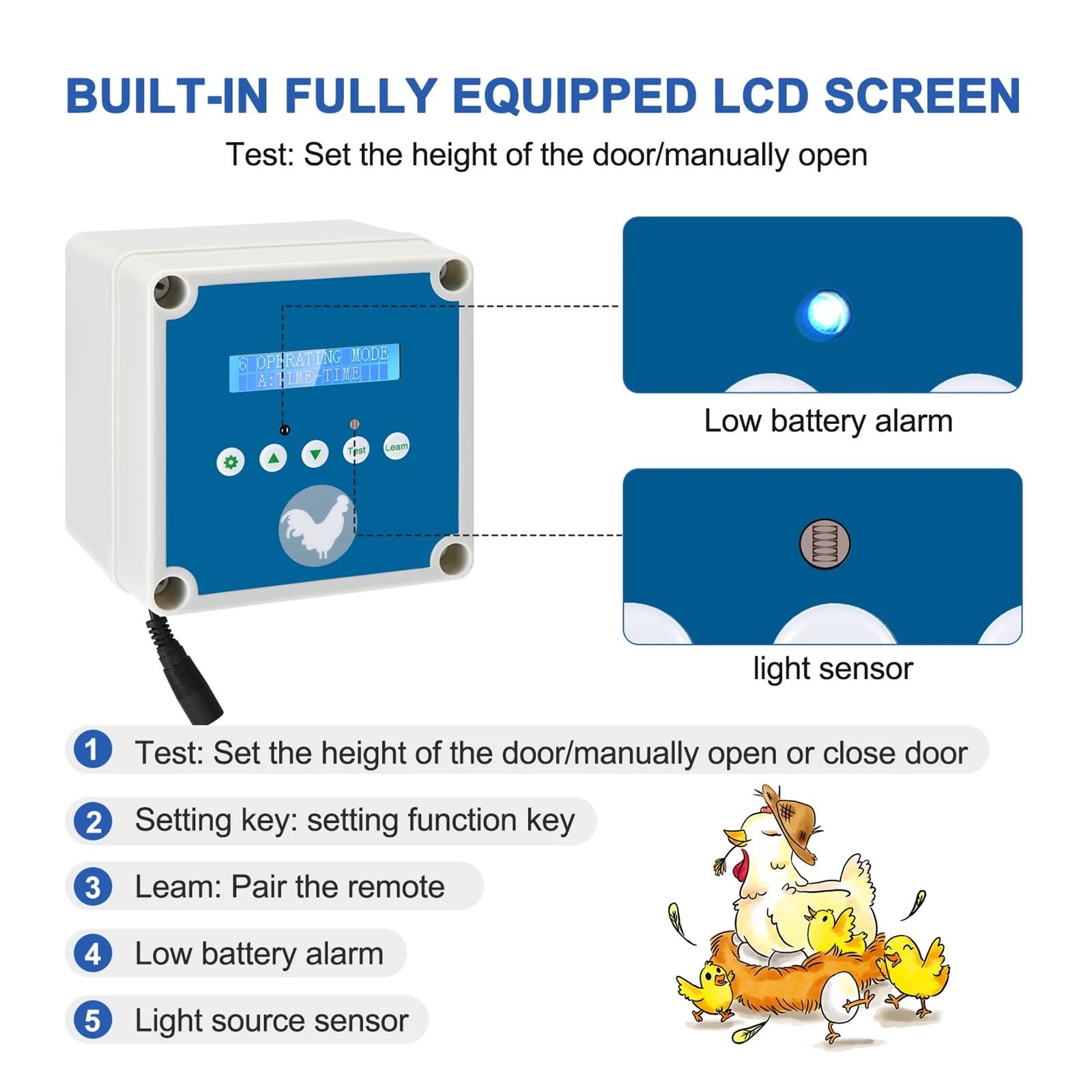 Puerta Automática For Gallinero con Temporizador, Sensor De Luz, Pantalla LCD, Función Alarma Batería Baja, 4 Modos Configuración, 2 Controles Remotos Seguro Confiable(A)
