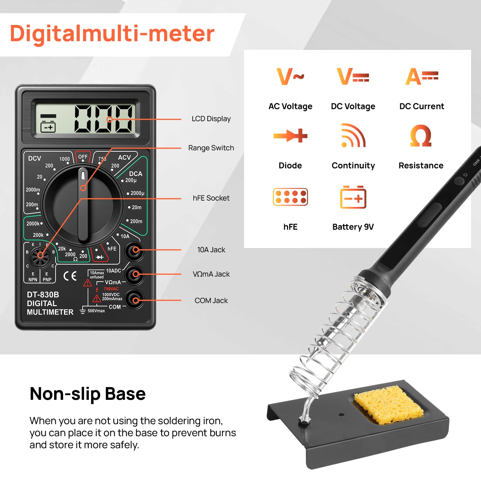 LCD Fer à Souder Kit 100W Température Réglable 180-520°C Electronique de Precision avec Multimètre Numérique/4 Pannes/Support pour Fer àSouder/étain à Souder/Pompe à Dessouder et Pince à épiler