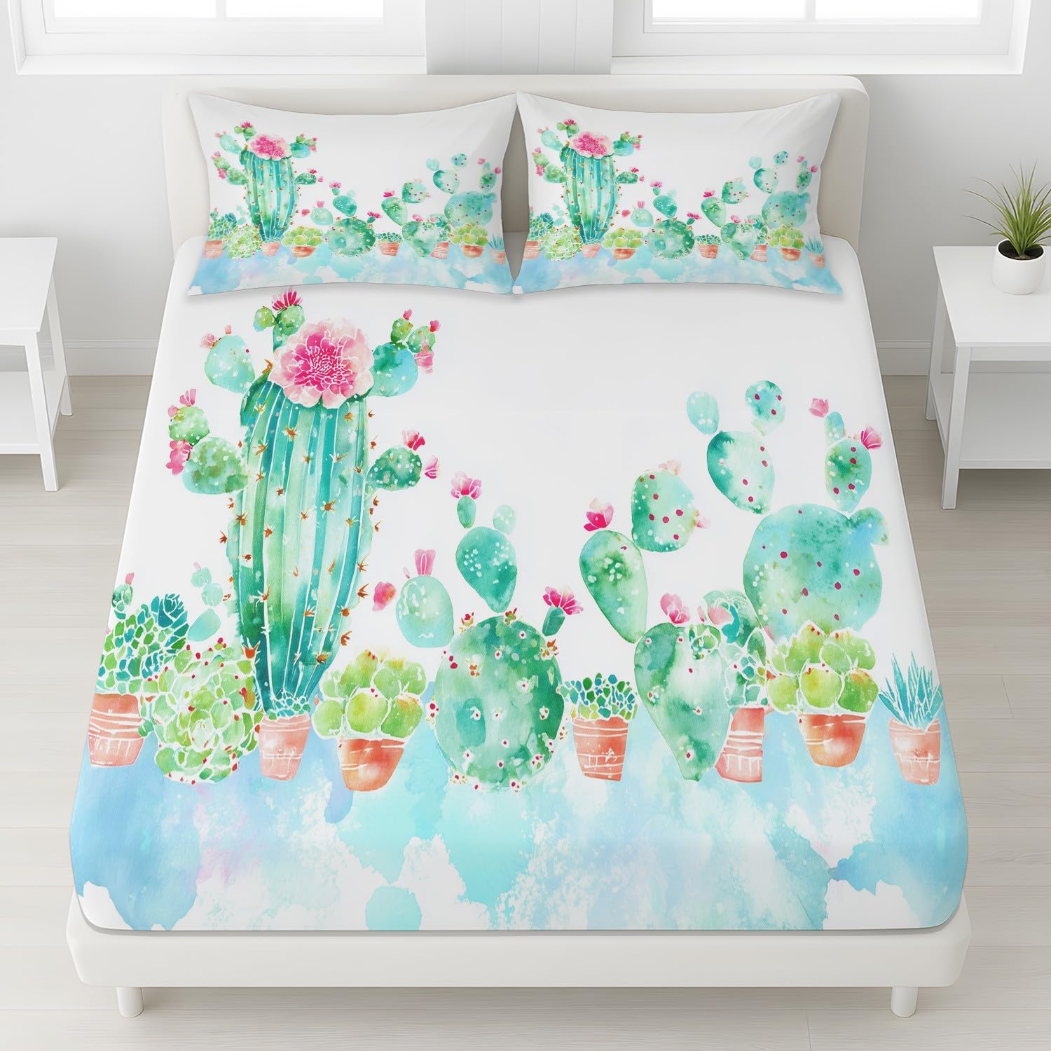 Aquarell Pflanze Spannbetttuch Frisch Kaktus Sukkulente Blume Spannbettlaken 140 x 200 x 30 cm 3teilig Mikrofaser Bettwäsche Set mit 2 Kissenbezüge 80 x 80 cm Kein Flachbettlaken