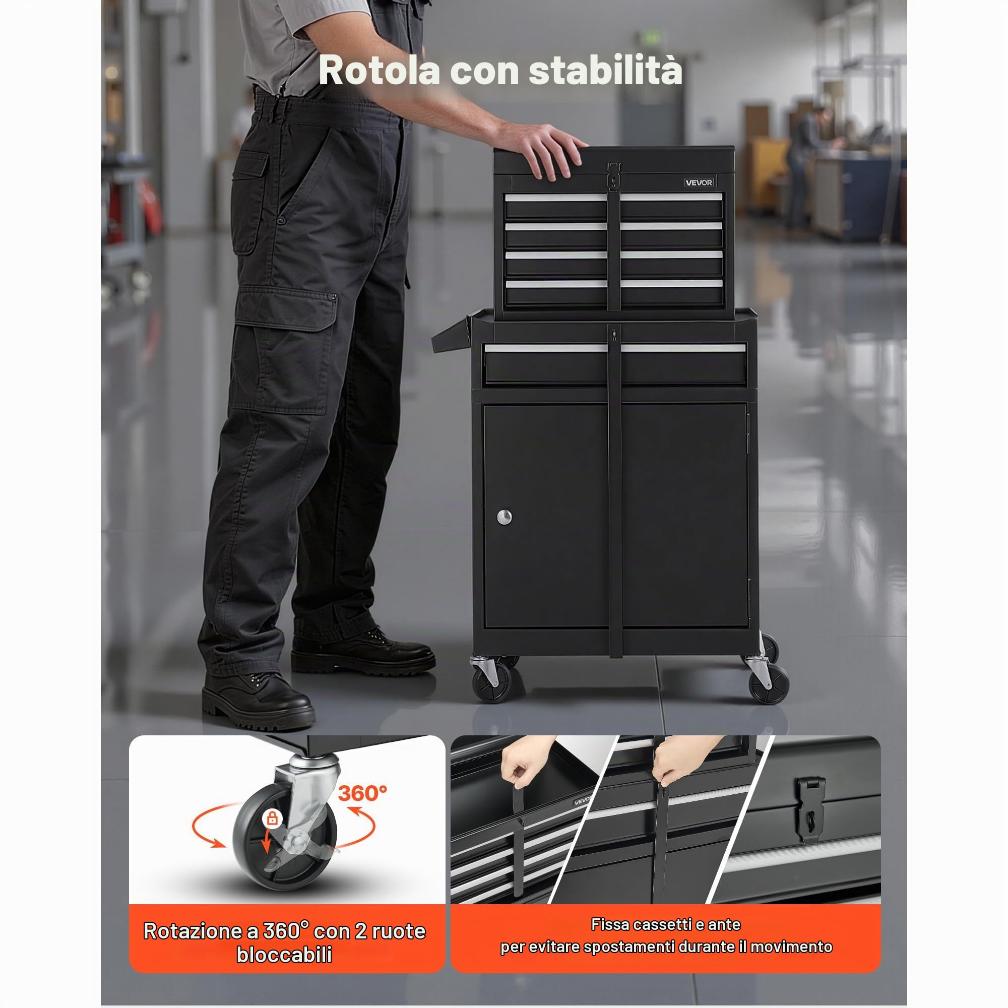 VEVOR Cassettiera Portautensili con Ruote, Portautensili a 5 Cassetti, con Cassetta in Metallo Staccabile, Barra di Bloccaggio, Rivestimento Protettivo, Mobiletto Portaoggetti per Garage