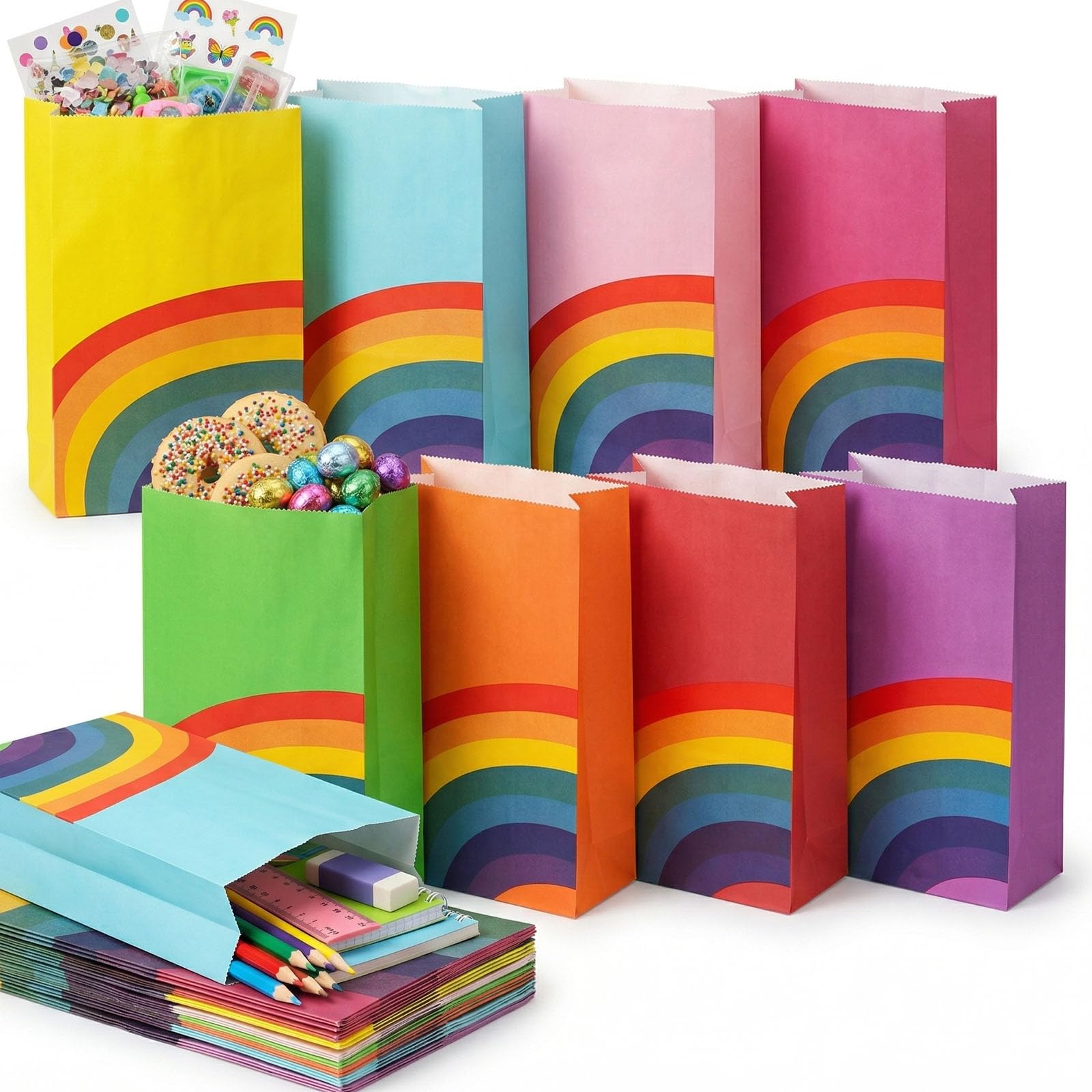LovesTown 24 Pcs Rainbow Party Favor Bags with Stickers - 8.7"x4.7"x3.1" Colorful Goodie Treat Bags in 8 Vibrant Colors for Kids Birthday, Baby Shower, Wedding & Gift Packaging