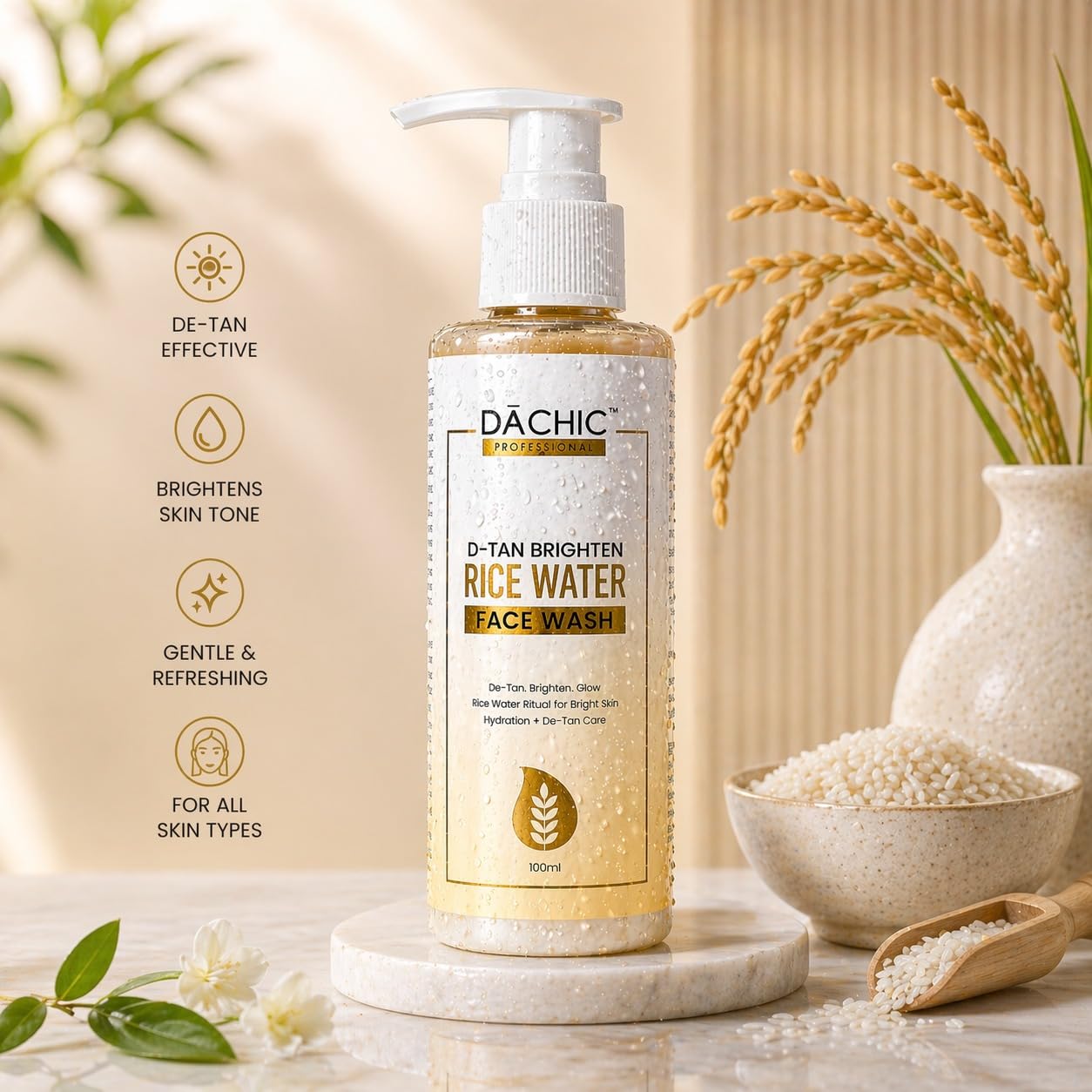 DACHIC Rice Water D-Tan Brightening Face Wash for Glowing Skin, Deep Cleansing Daily Face Cleanser for Tan Removal, Hydrating Men Women, Gentle Formula for All Skin Types, Pack of 2 1