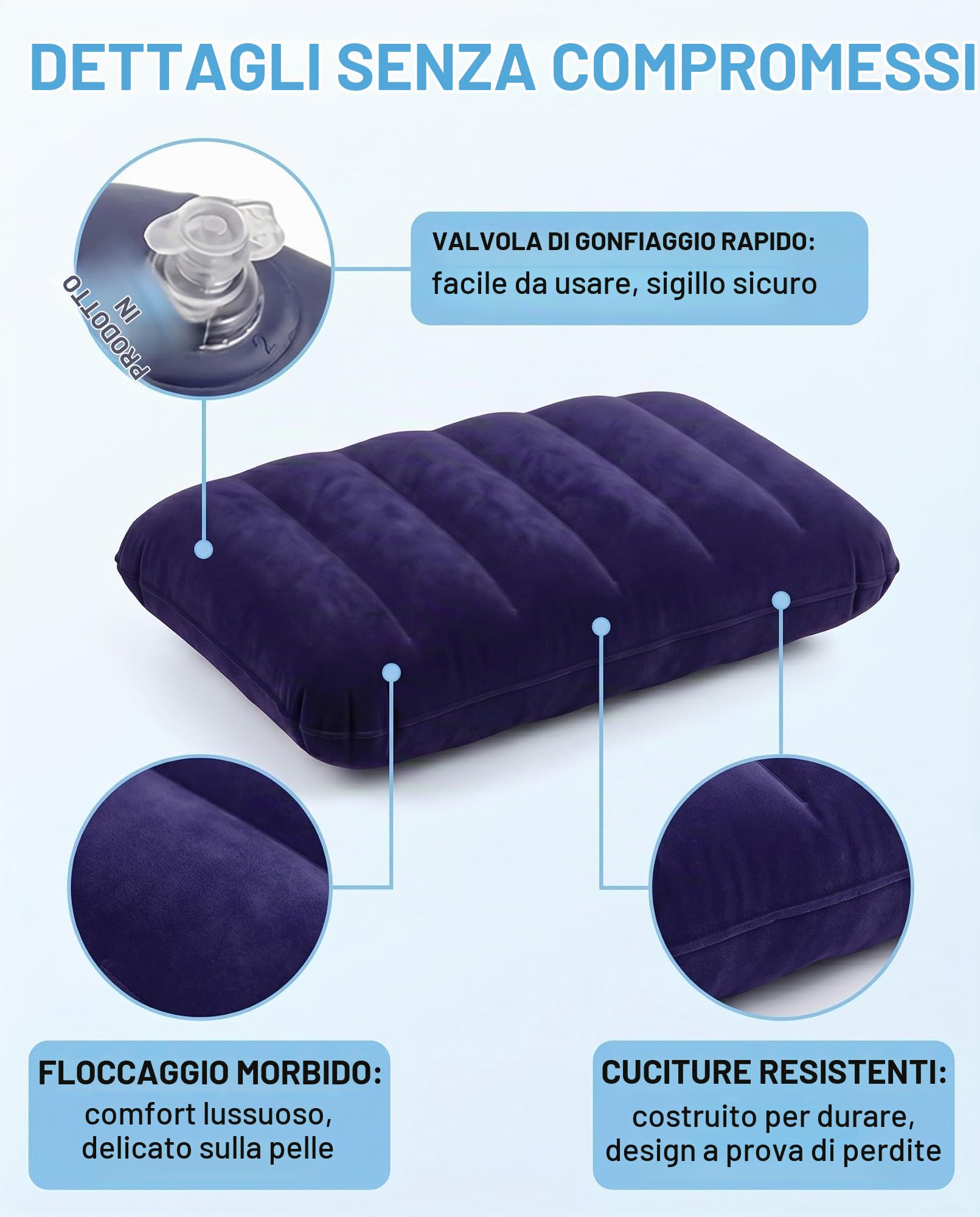 Cuscini Gonfiabili da Viaggio Set 2 Blu+Grigio – Ultraleggeri, Portatili e Multifunzione per Campeggio, Escursionismo, Spiaggia, Supporto Ergonomico.