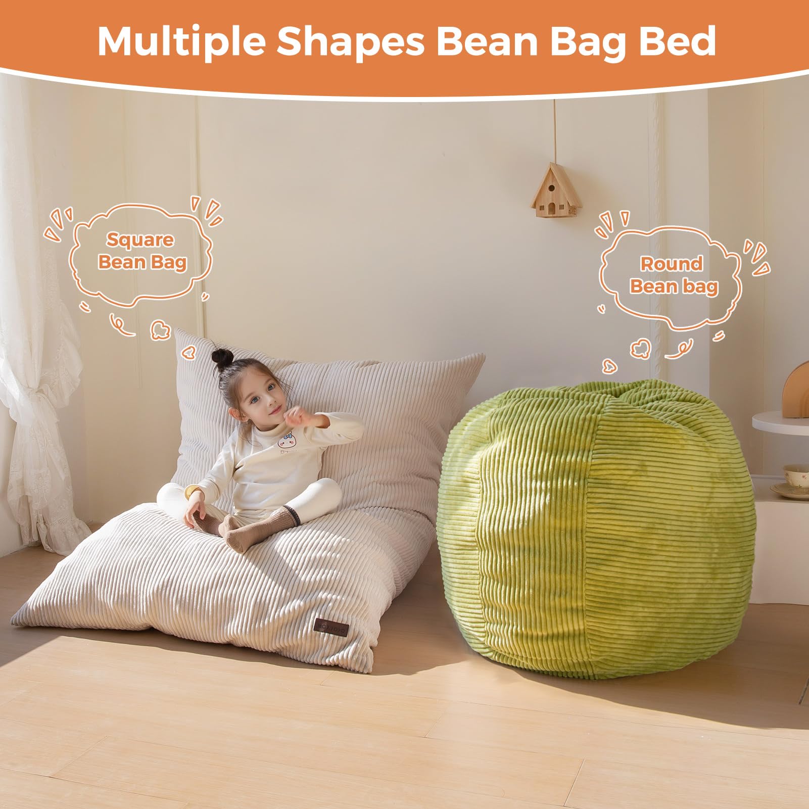 MAXYOYO Sitzsack aus Kord, großer Lounge-Bodenkissen für Kinder | Kinder-Sitzsack aus Kord abnehmbarem Bezug, großes flauschiges Bodenkissen mit Schaumstofffüllung für Wohn- und Schlafzimmer