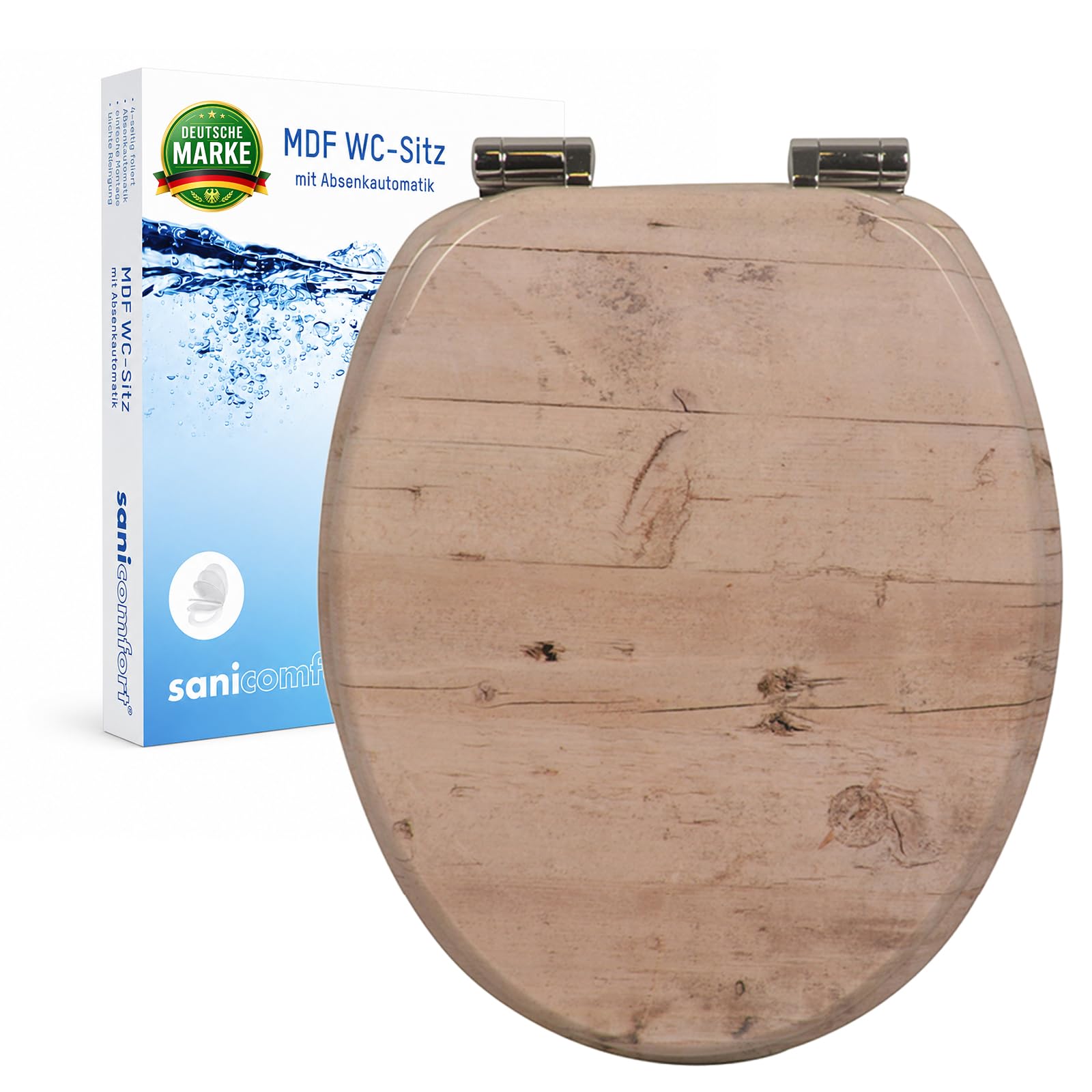 sanicomfort Sedile WC in legno, nucleo in legno MDF, con abbassamento automatico, sedile WC con coprisoffitto, occhialini e coperchio, cerniere in metallo cromate, facile da montare