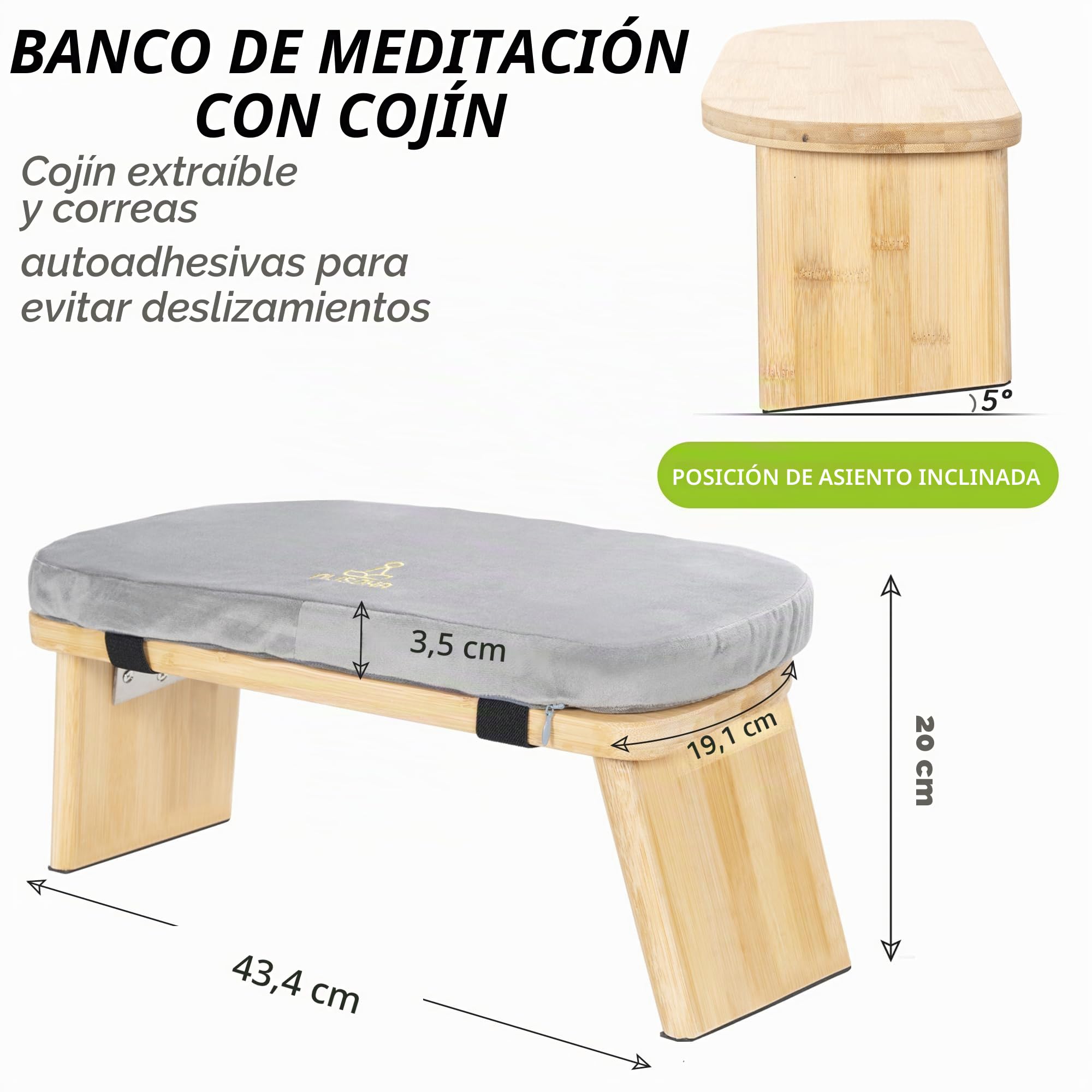 Taburete meditación bambú con cojín, con Bolsa para,Gris | Esposo de yoga de bambú ergonómico, para rodillas y oración