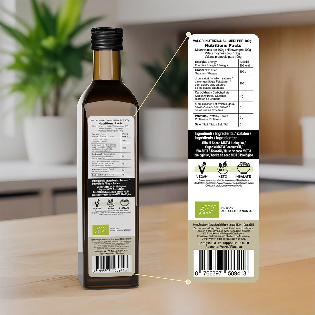 Exponatura Aceite MCT C8 Orgánico 500 ml - 100% Extracto de Aceite de Coco, Ácido Caprílico Puro - Energía Natural para Dieta Keto y Paleo - Vegano
