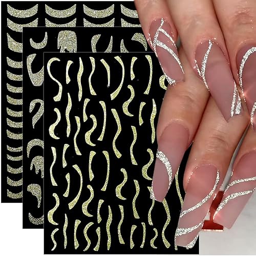 6 Blätter Glitzer French Nagelsticker,3D Kurven Streifen Linie Nagelaufkleber Selbstklebend Nagel Kunst Aufkleber Glitzer Gold Französische Nagelabziehbilder French Nails Stickers Nail Art Dekoration Cover