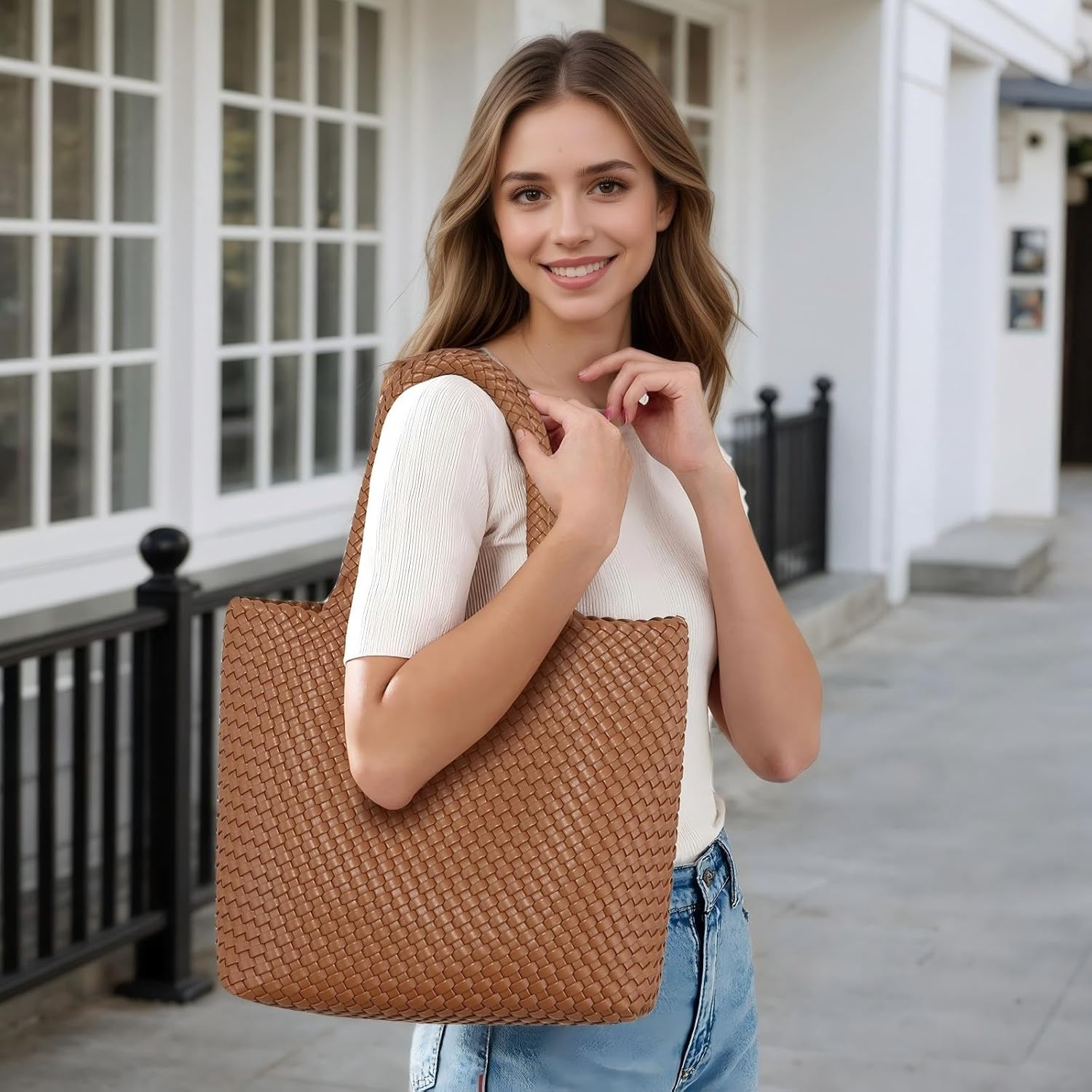 Woven Tote Bag for women,Vegan Leather Woven Satchel Handbag,Shoulder bag with Pouch,Hobo bag fits13-14” laptops | Hand woven leather - Image 3