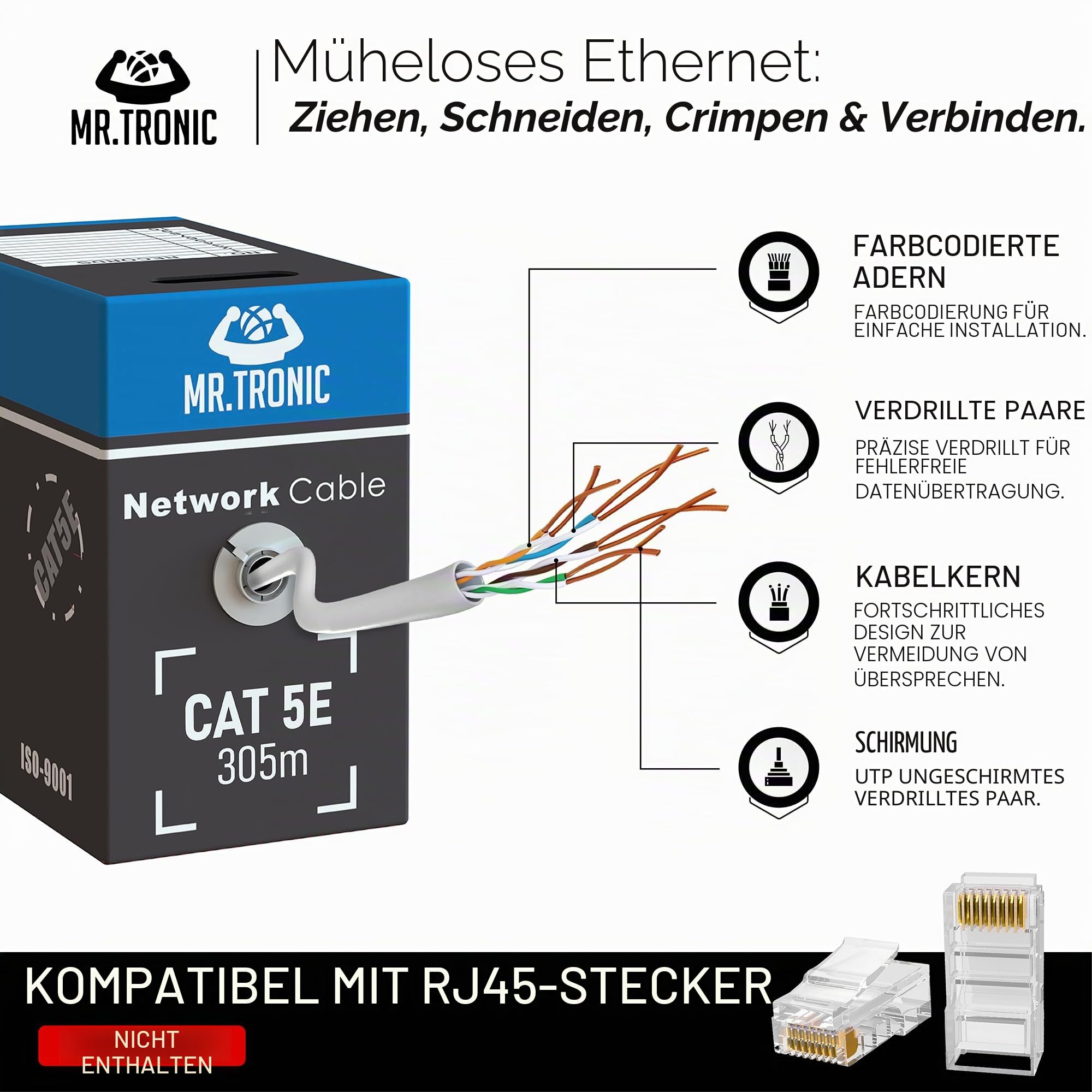 Mr. Tronic 305m Ethernet Netzwerkkabel Cat 5E, LAN Netzwerkkabel Für Schnelle & Zuverlässige Internet, AWG24 Massenkabel Cat 5E | Bulk Kabel 1 Gbps, 100 MHz, UTP CCA (305 Meter, Grau)