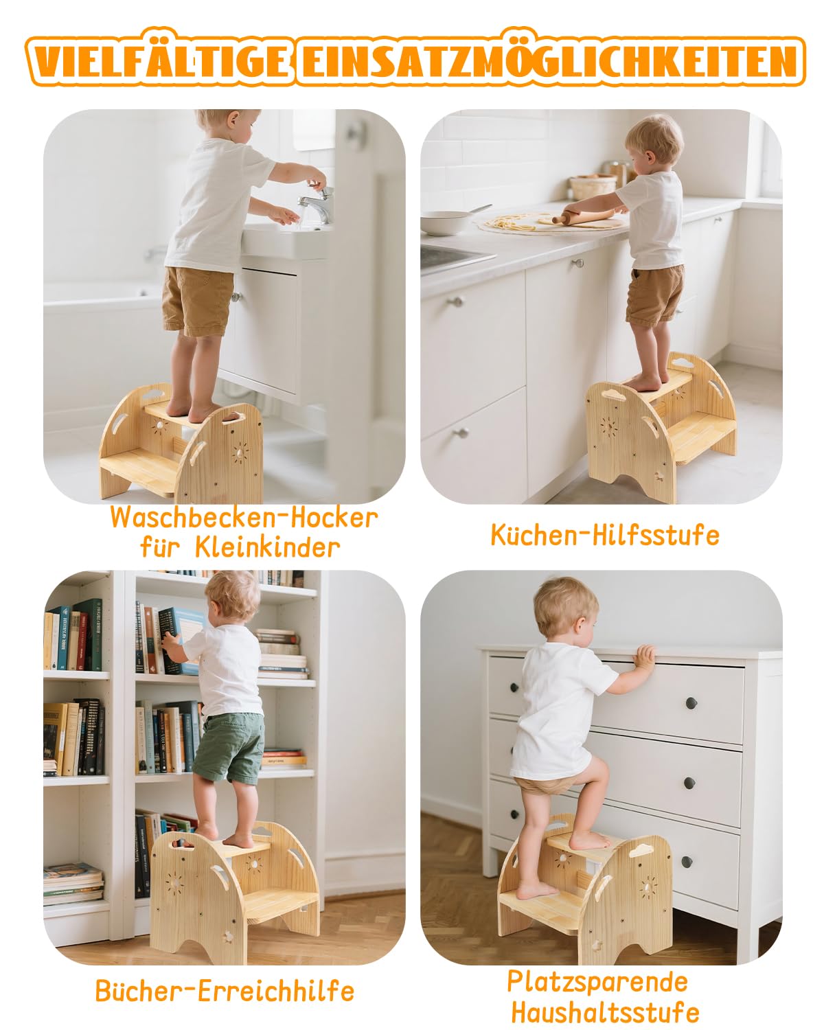 Tritthocker Kinder Holz 2 Stufen – Rutschfester Kinderhocker mit Griff – 80kg Belastbarkeit für Küche & Bad ab 3 Jahren