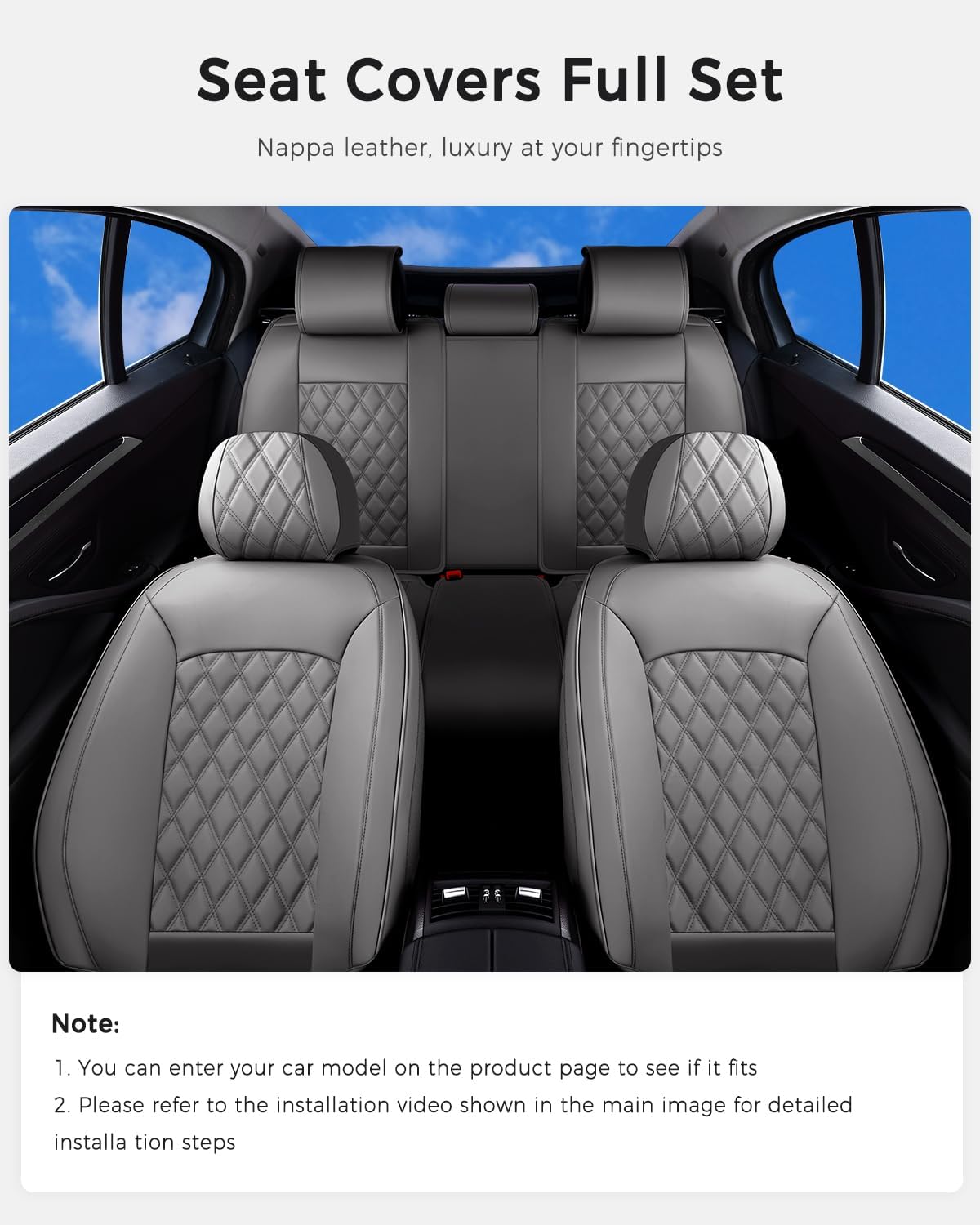 Huidasource Gray Seat Covers Full Set, Gray Seat Covers 5 Seats Waterproof Nappa Leather, Universal Fit for Most Cars,Van,Truck, SUV, Honda Civic Nissan Compass Sentra Focus Explorer(Full Set/Gray)
