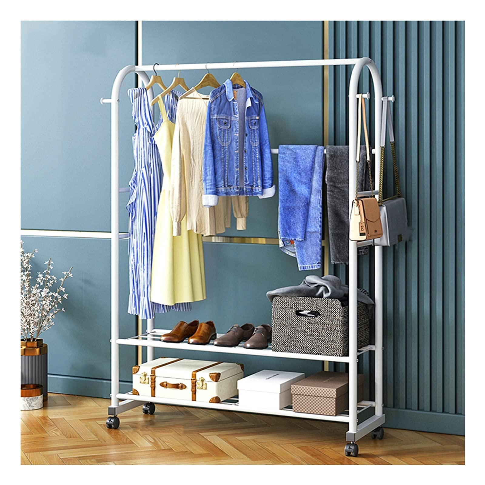 YNBSHGAA Metal Clothes Rail Rack with Wheels for Bedroom and Livingroom/Gold/100cm Heavy Duty Garment Dress Coats Jackets Drying Rack,White-100cm